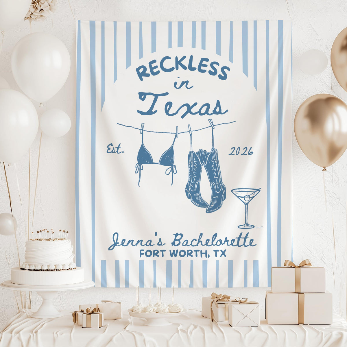 Personalized cowgirl bachelorette banner featuring cowboy boots western artwork and custom details