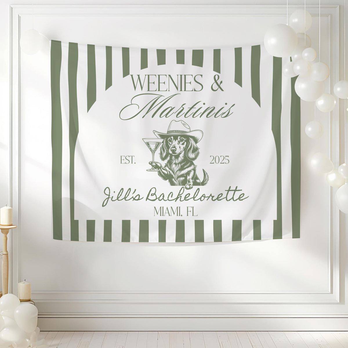 Custom fabric bachelorette party backdrop personalized with bride name destination and event year