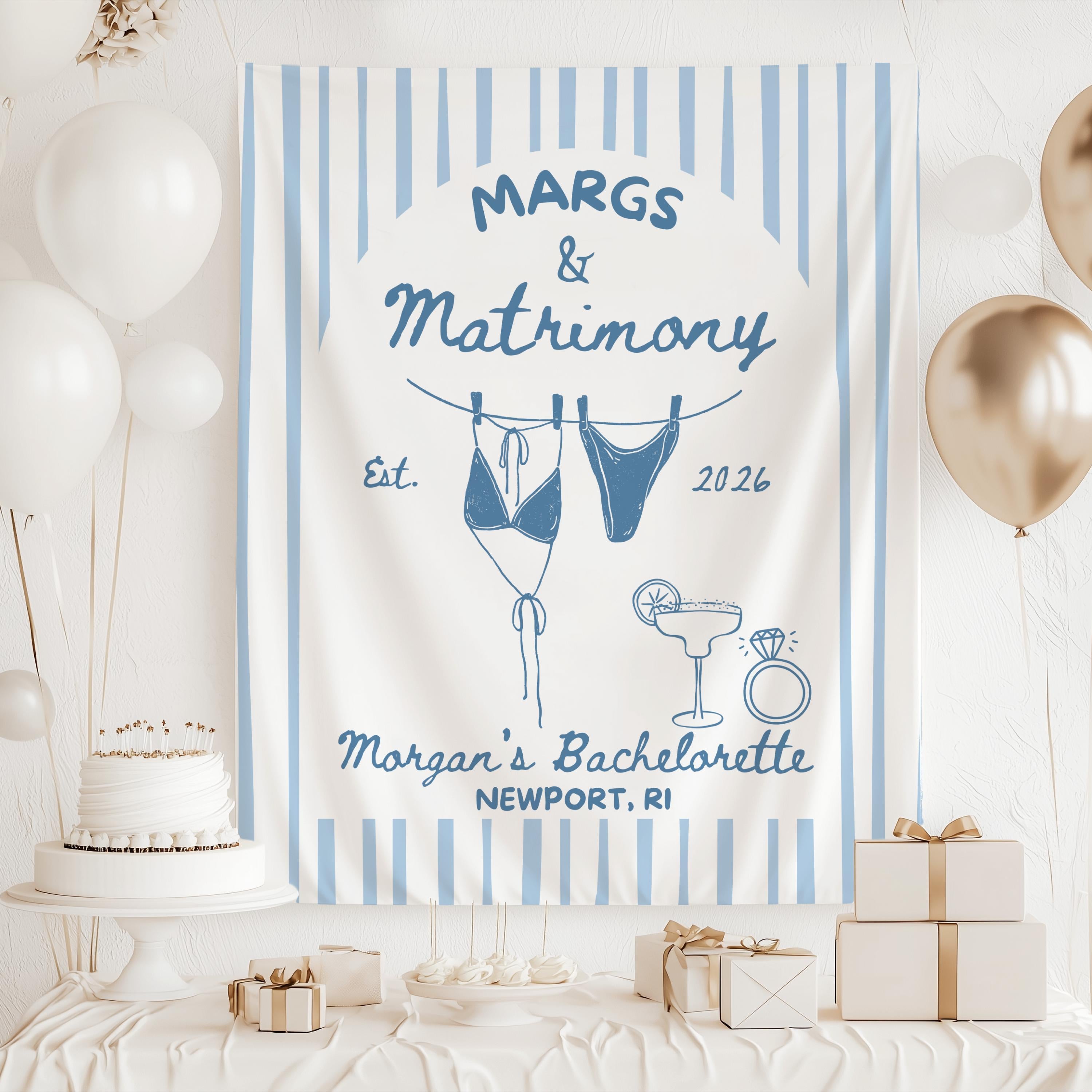 margaritas and matrimony bachelorette backdrop in blue