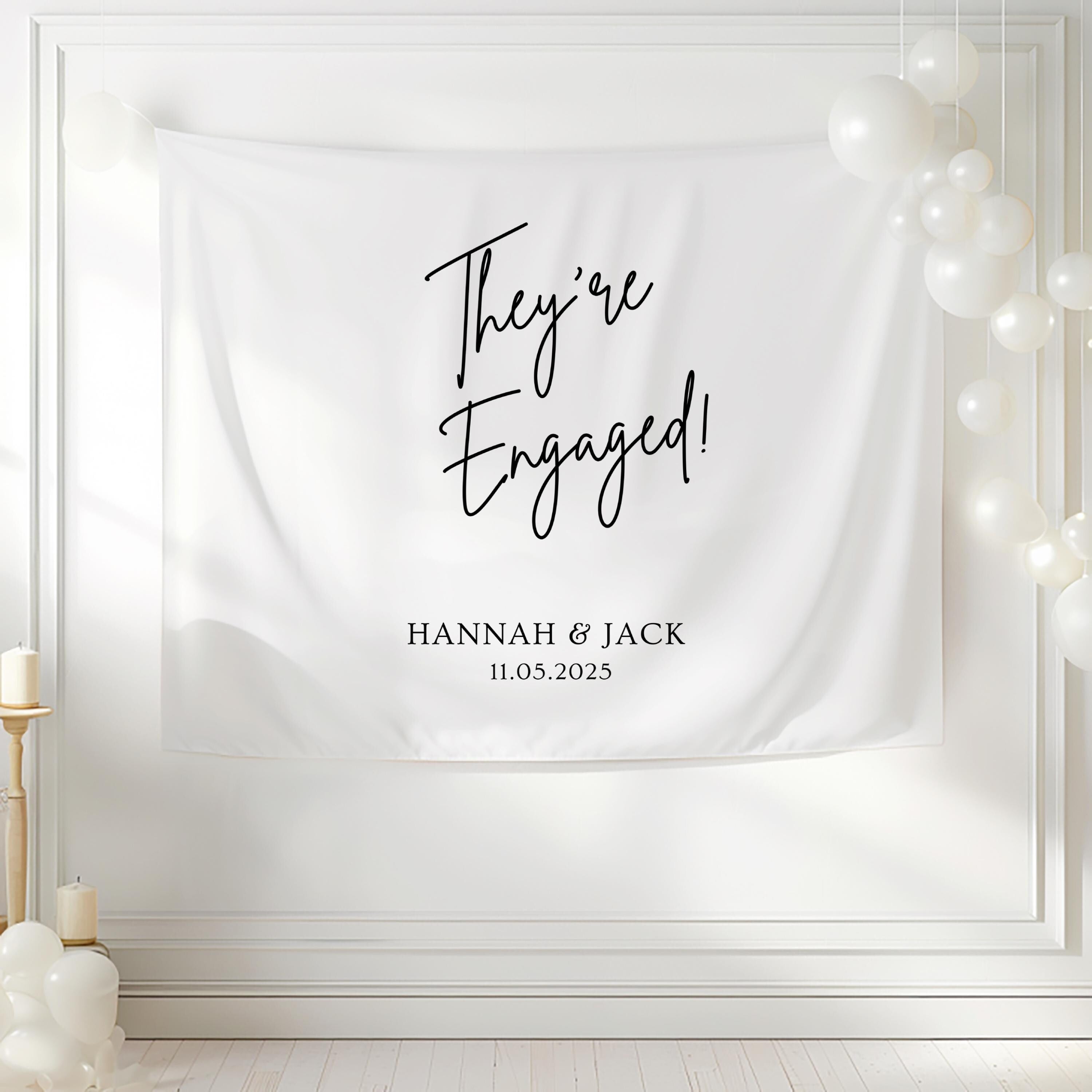 Minimalist personalized engagement party sign for photo backdrop