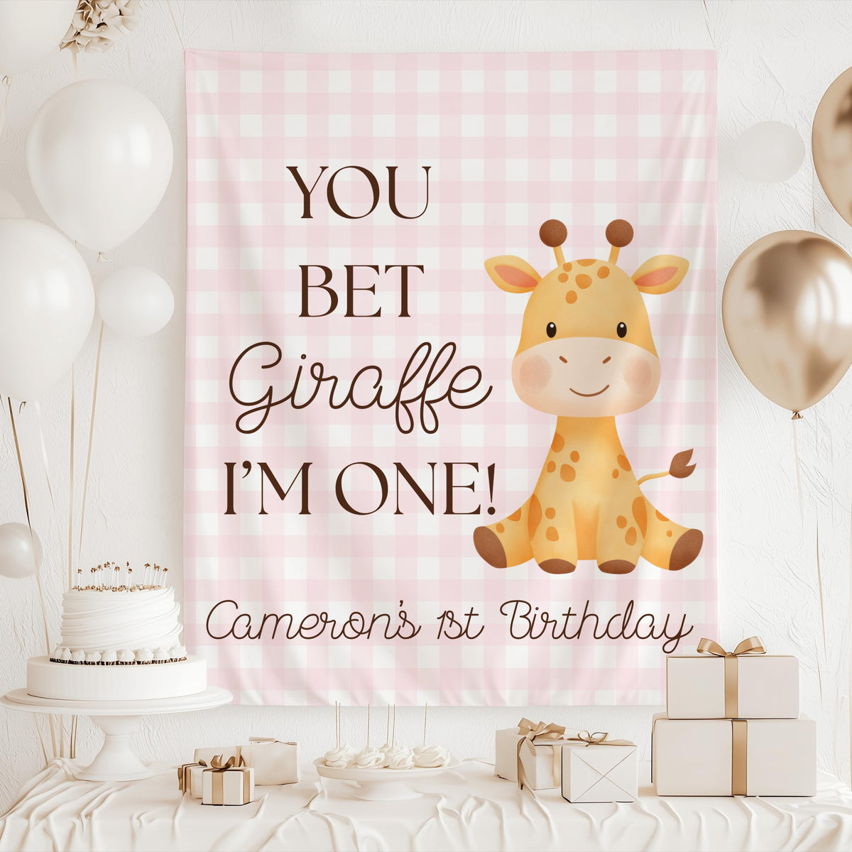 You Bet Giraffe I'm One birthday banner with funny giraffe theme for first birthday celebrations
