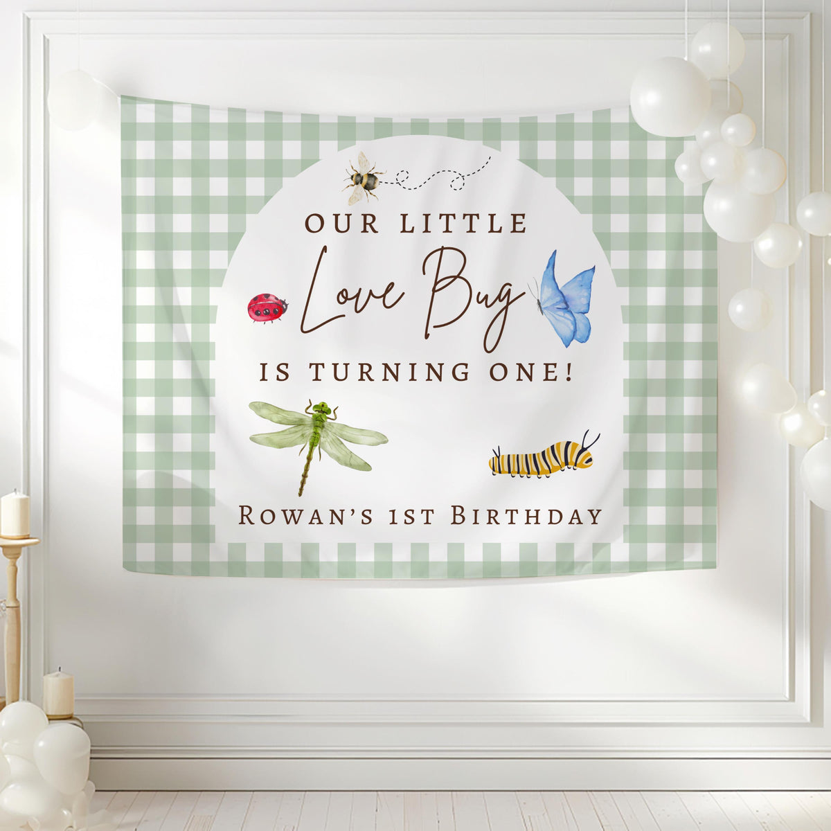 Personalized Love Bug birthday banner with any name for first birthday celebrations