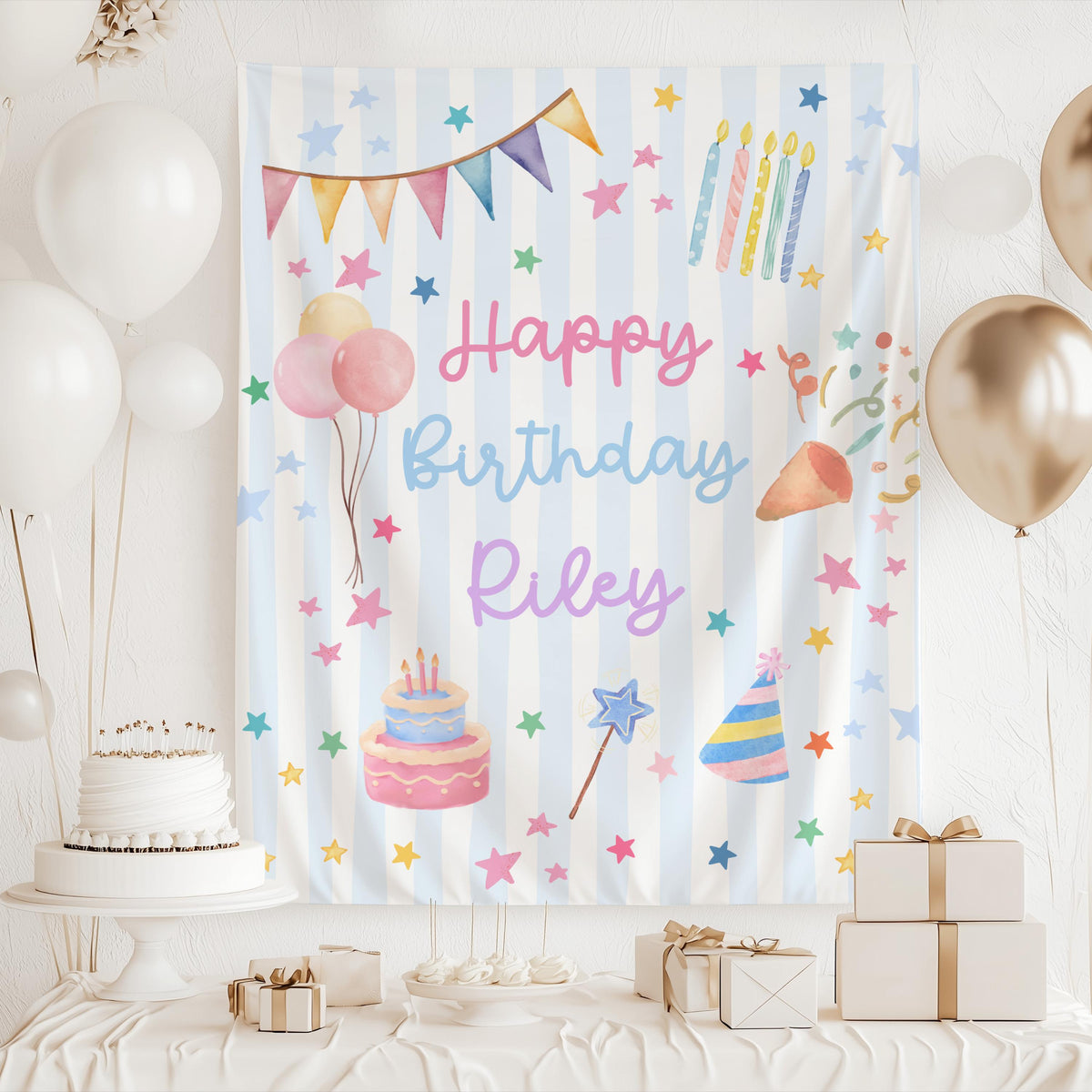 Personalized whimsical birthday banner with any name and age for kids teens and adults