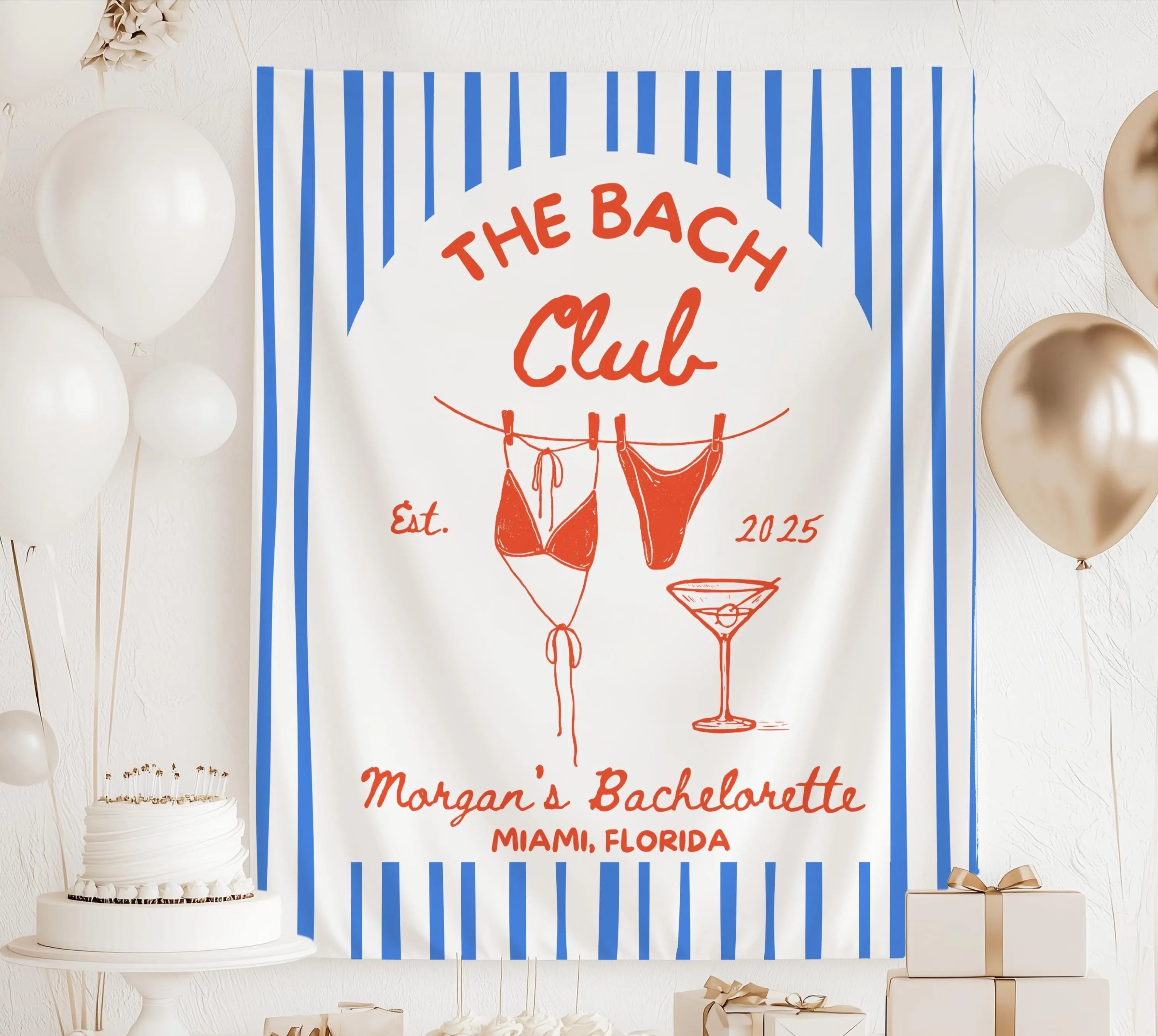 Personalized beach bachelorette tapestry perfect for Miami, Cabo, 30A and coastal destinations.
