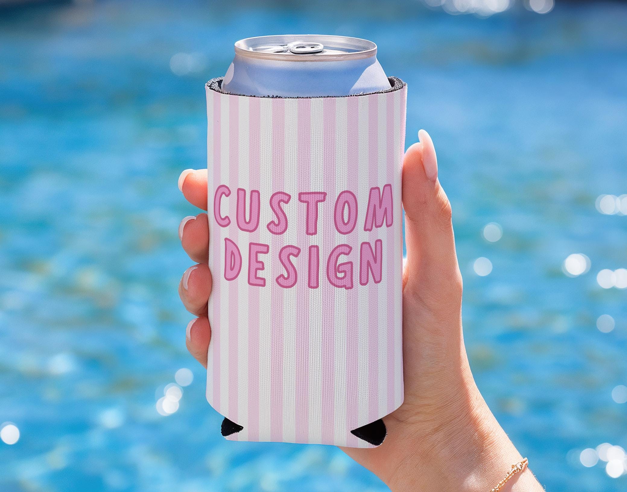 Custom personalized can coolers with custom artwork for weddings birthdays and special events