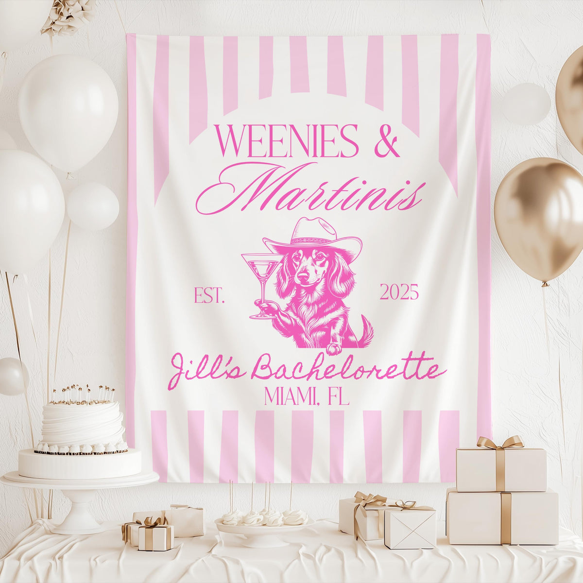 Wiener dog cowboy bachelorette banner personalized with bride name location and year