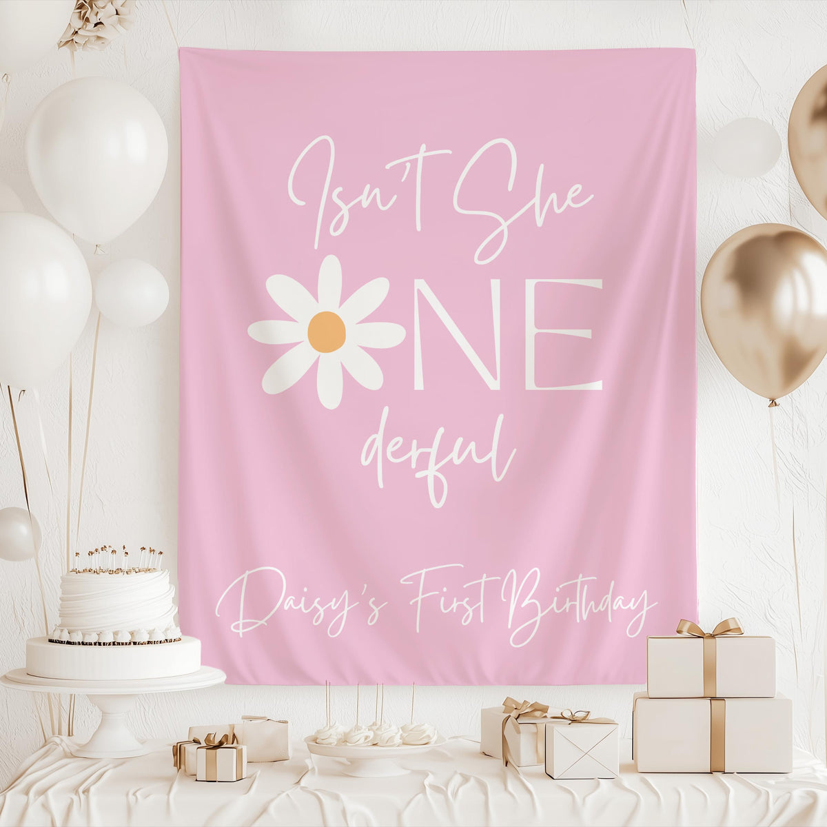 Custom daisy first birthday backdrop featuring a playful ONEderful design and personalized party details