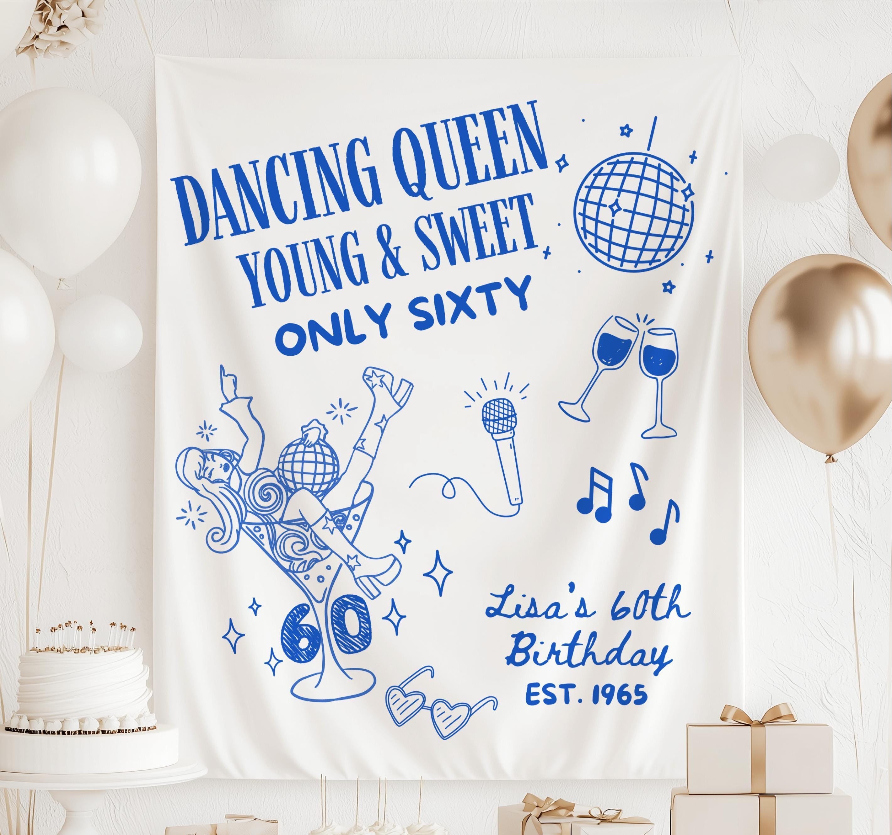 Personalized Dancing Queen 60th birthday backdrop customized with birthday name, age, and established year for a disco party.