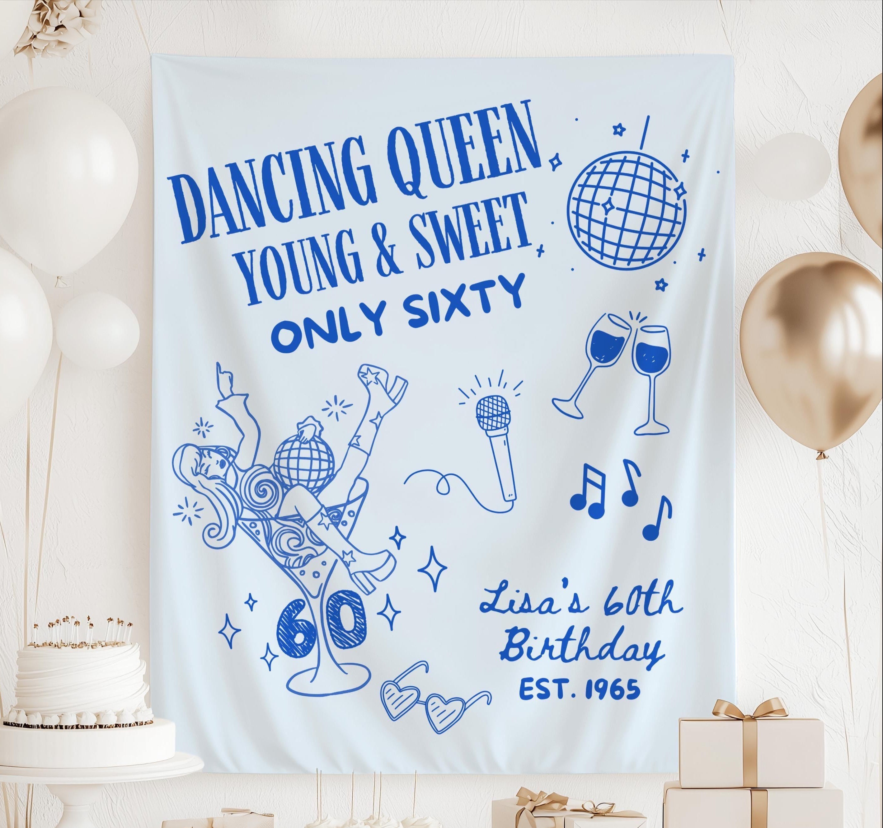 personalized Dancing Queen birthday banner featuring disco artwork, music notes, wine glasses, and custom details for a retro birthday celebration.