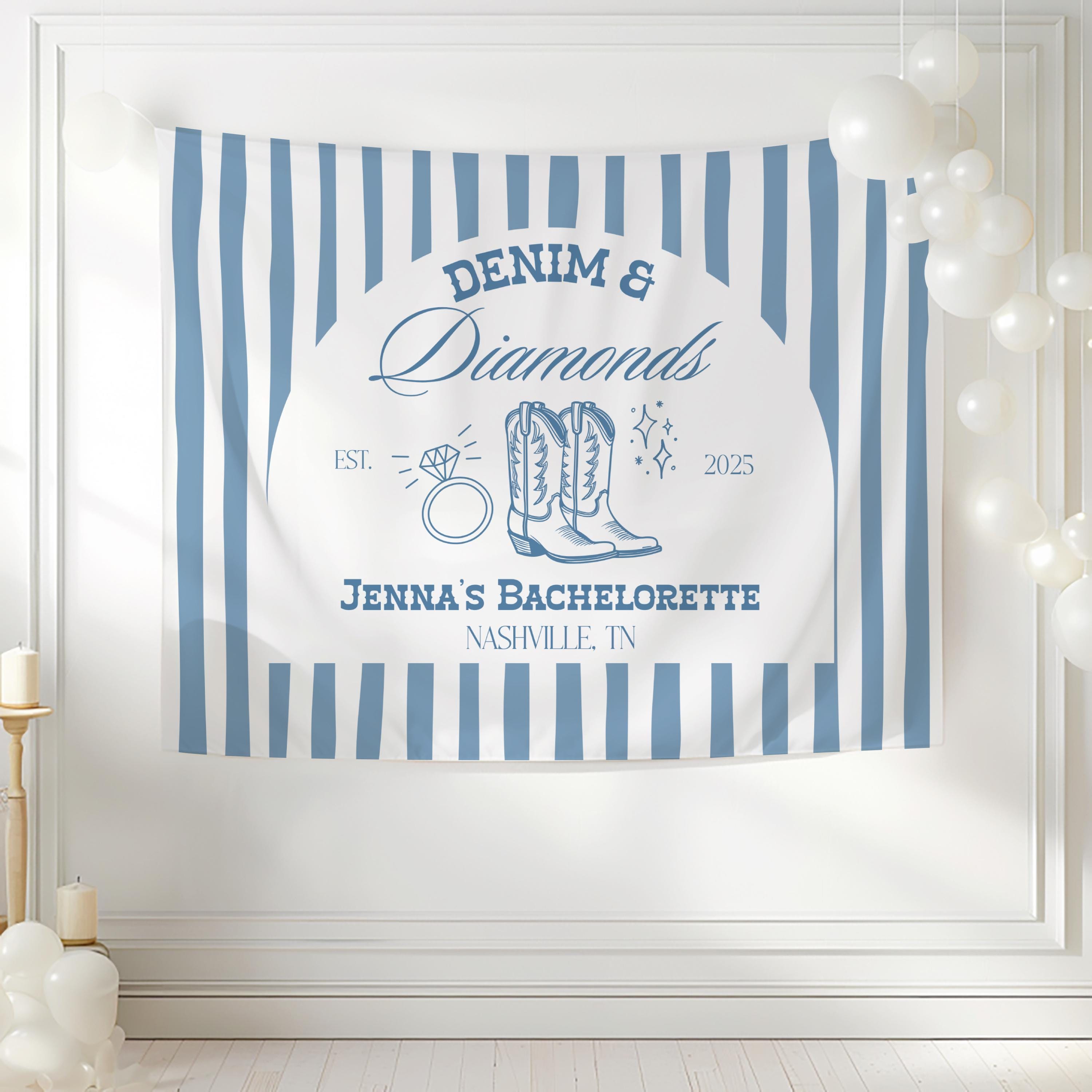 Cowgirl bachelorette backdrop with blue striped design, western boots and personalized details for a country themed celebration.