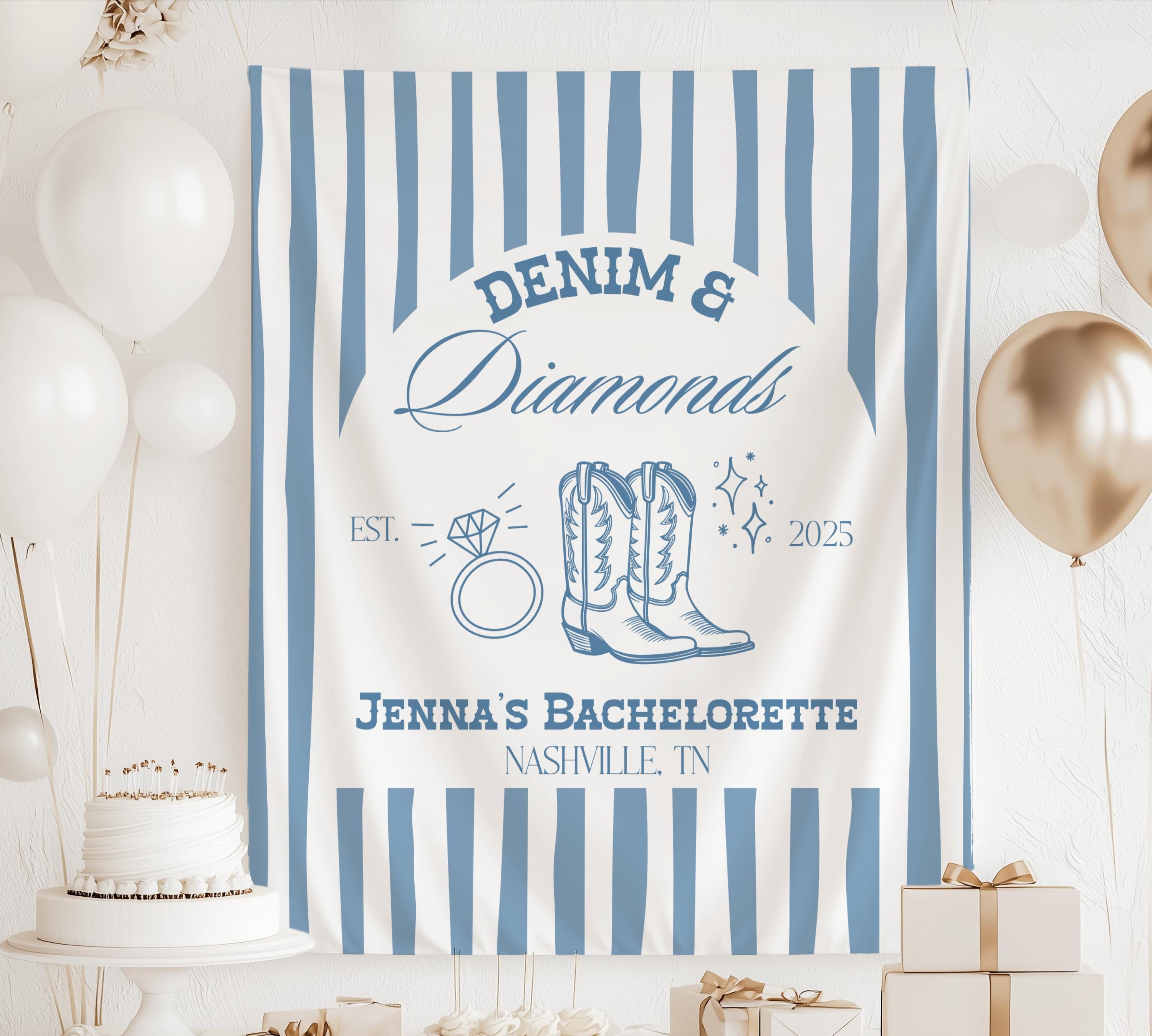 Custom Denim & Diamonds banner personalized with bride name, destination, year and western bachelorette party details.