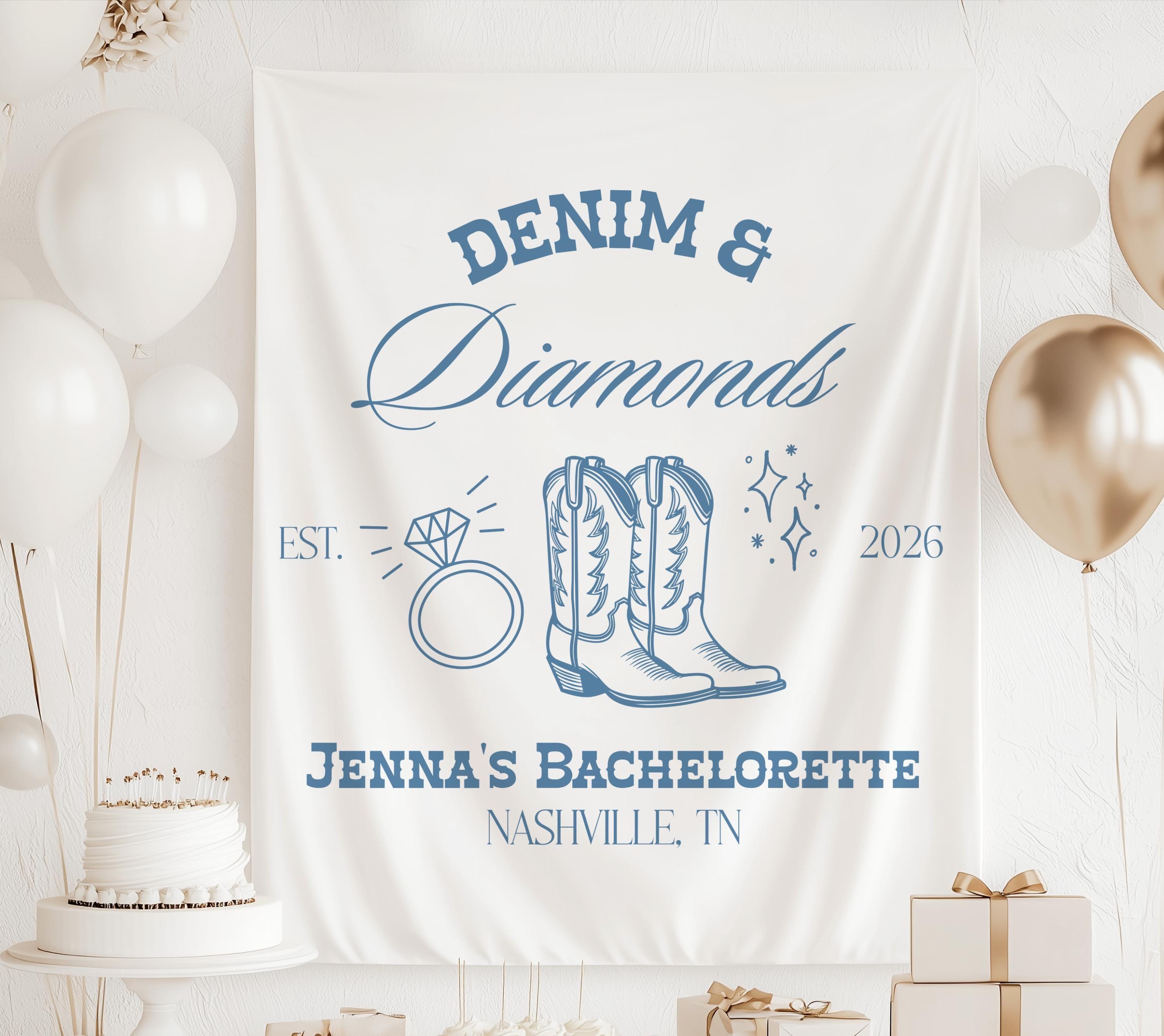 Western bachelorette party banner featuring cowboy boots, engagement ring artwork and personalized bridal weekend decorations.