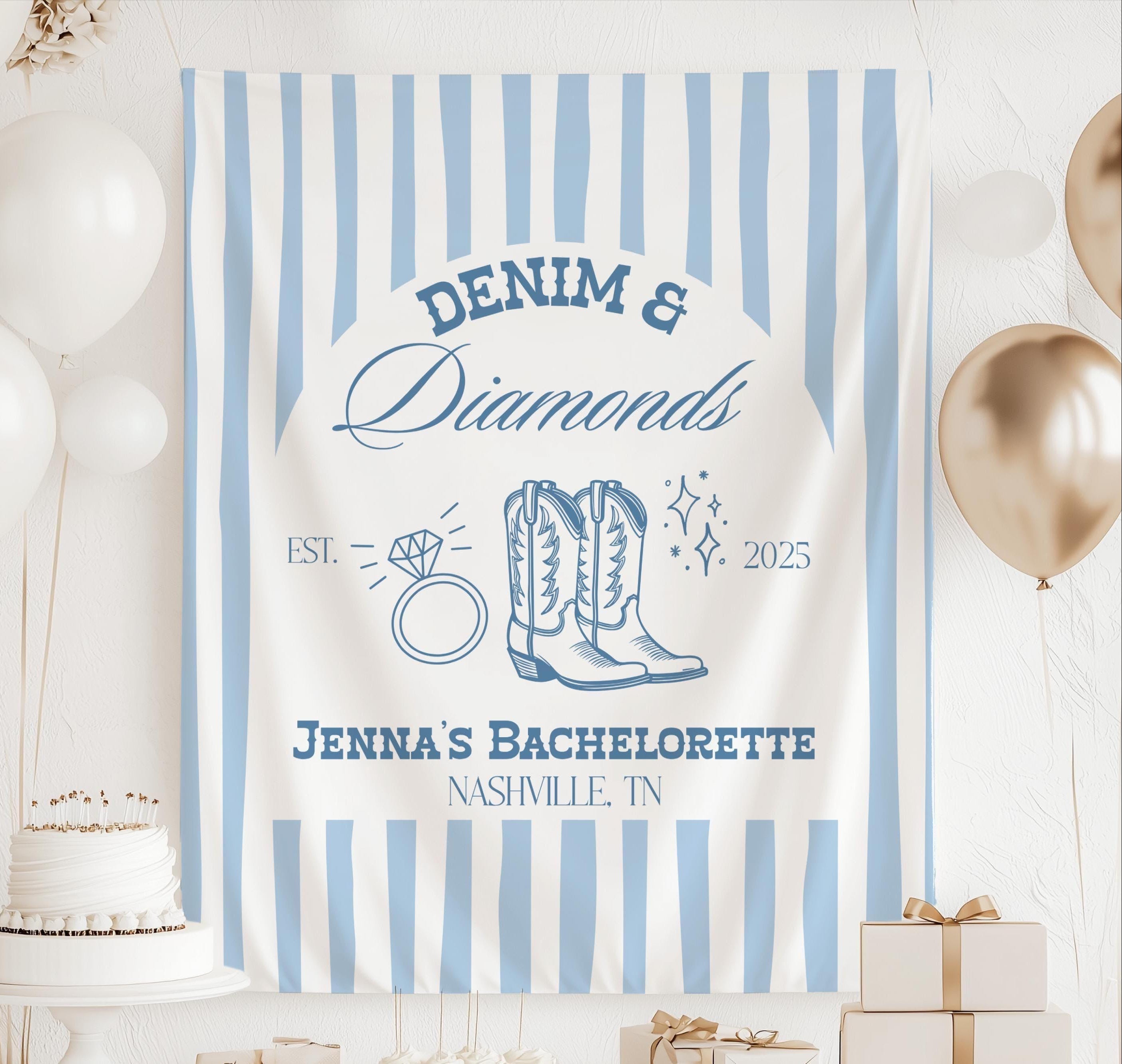 Personalized Denim & Diamonds bachelorette banner featuring cowboy boots, diamond ring illustration and blue striped backdrop for a western bridal celebration.