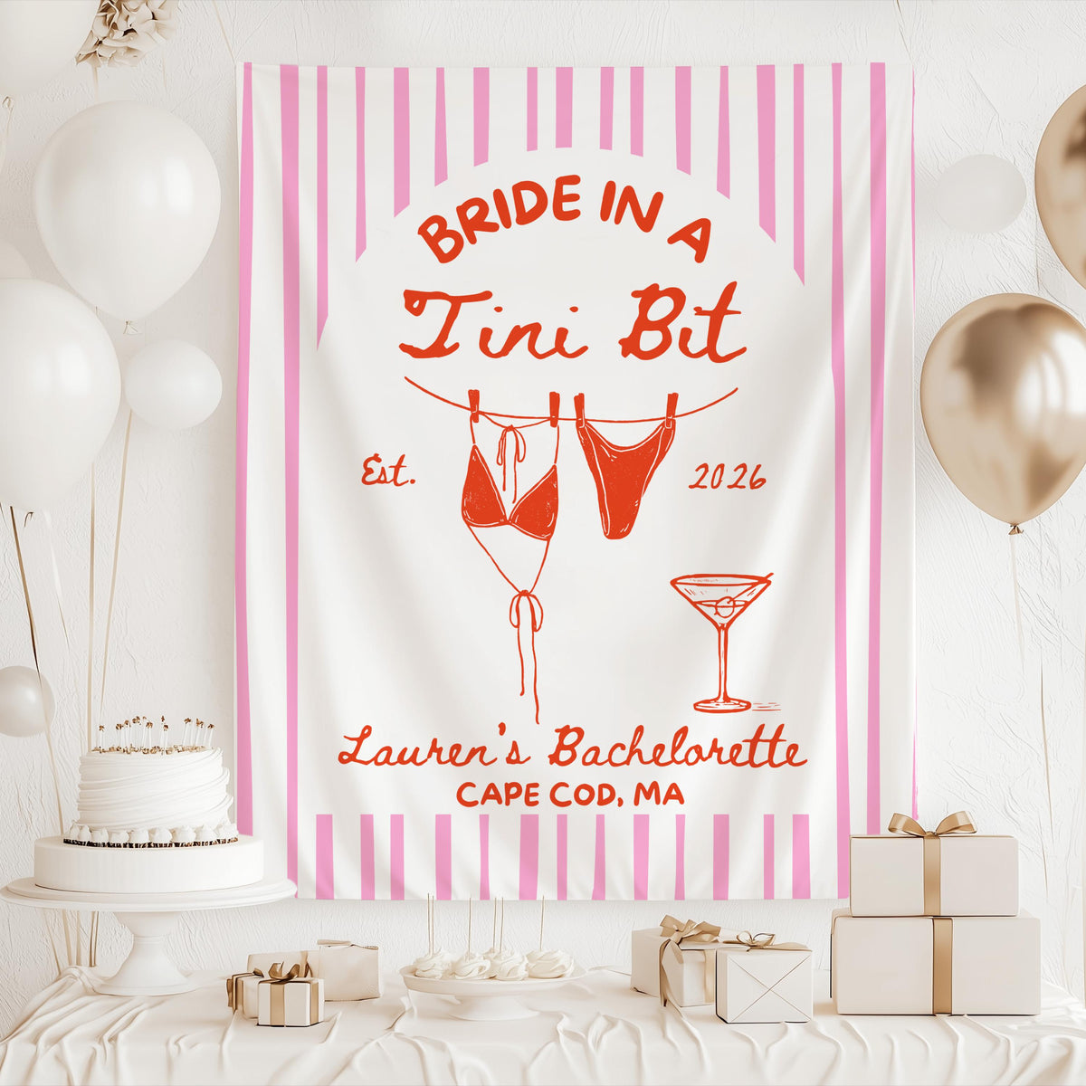Custom dirty martini bachelorette backdrop personalized with bride's name, destination, and year for a stylish coastal girls trip.
