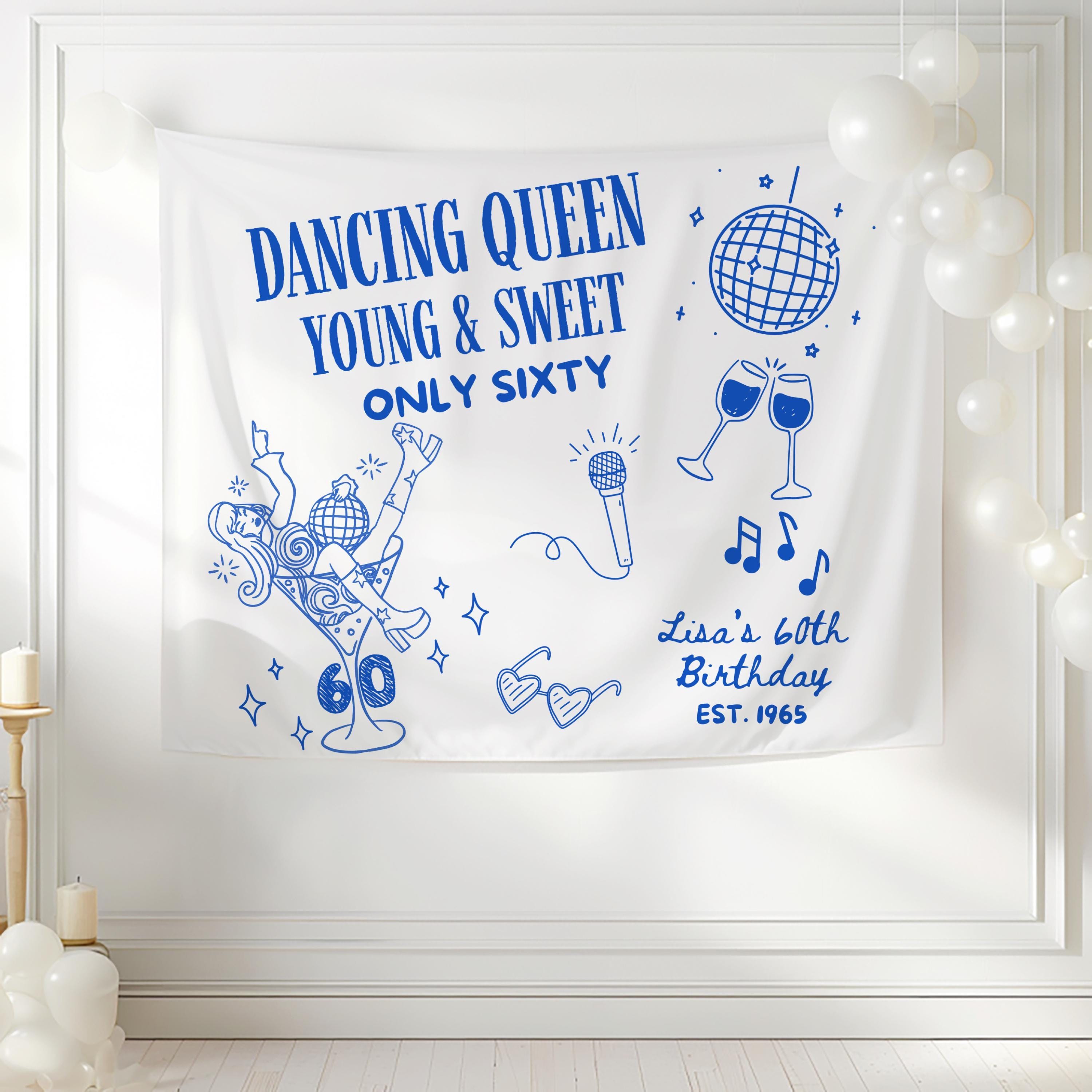 Retro disco birthday banner featuring disco balls, microphone, music icons, and personalized party details for a milestone birthday.
