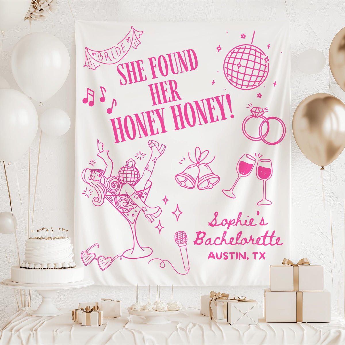 Personalized disco bachelorette banner featuring a disco ball, dancing bride, martinis and fun retro bridal party artwork.