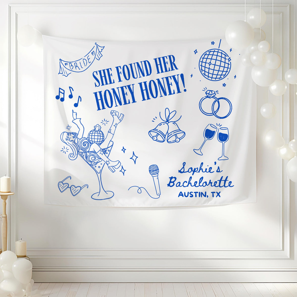Personalized disco party banner perfect for bachelorette weekends, Airbnb decorations and bridal shower celebrations.