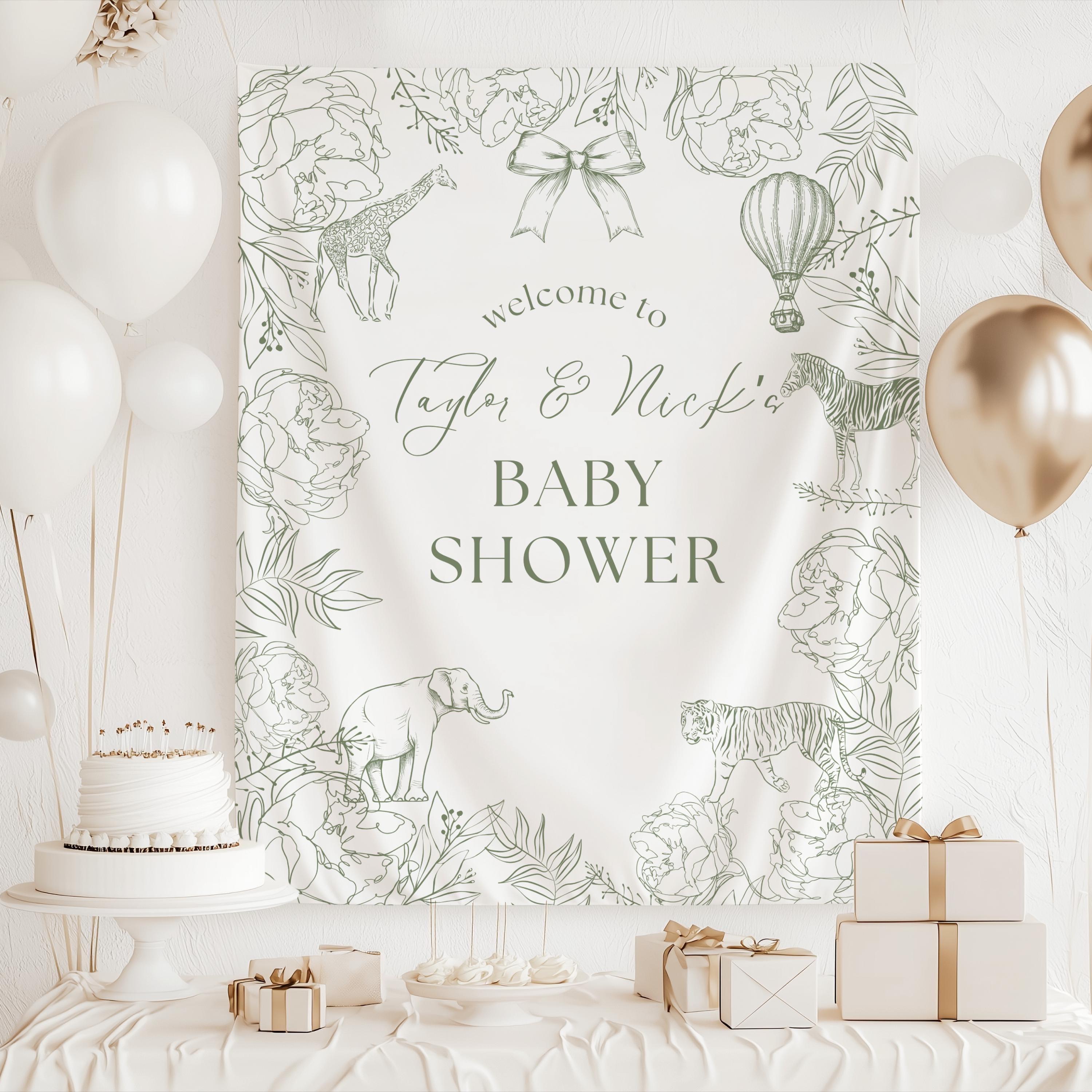 Personalized elegant safari baby shower banner with blue toile floral design and custom wording