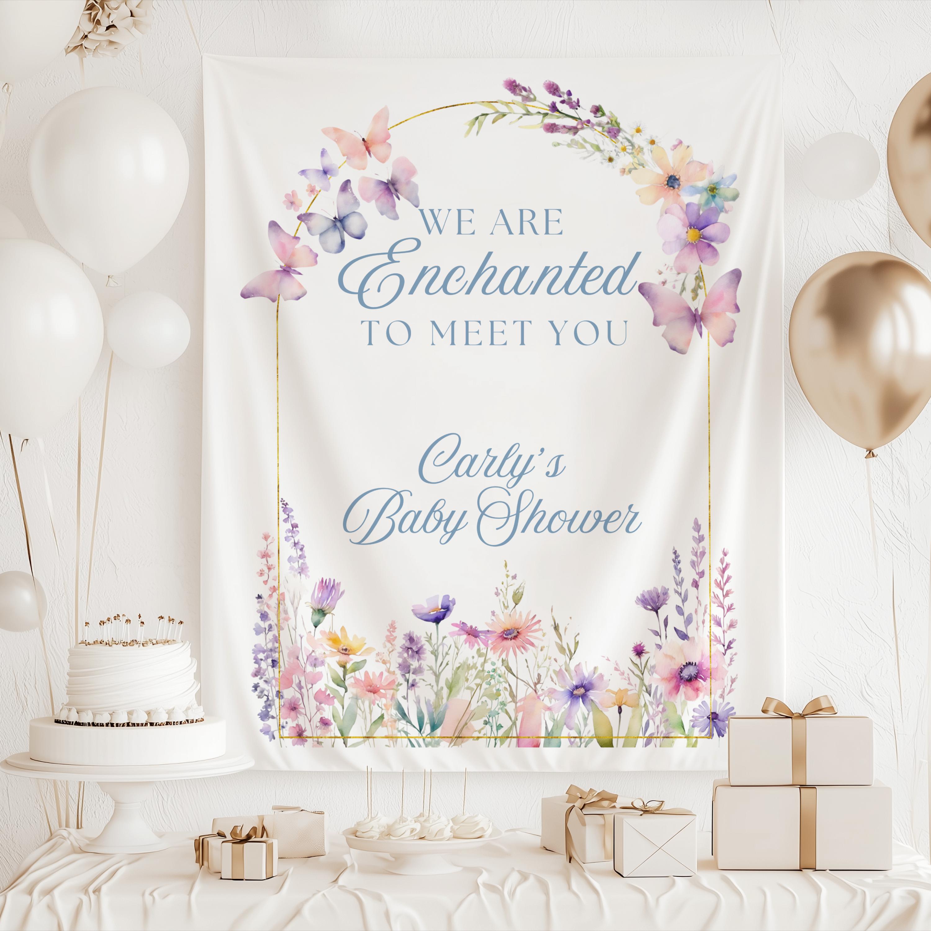 Personalized fairy garden baby shower banner with whimsical butterflies and watercolor florals