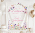 Personalized Enchanted to Meet You baby shower banner with watercolor butterflies and floral arch