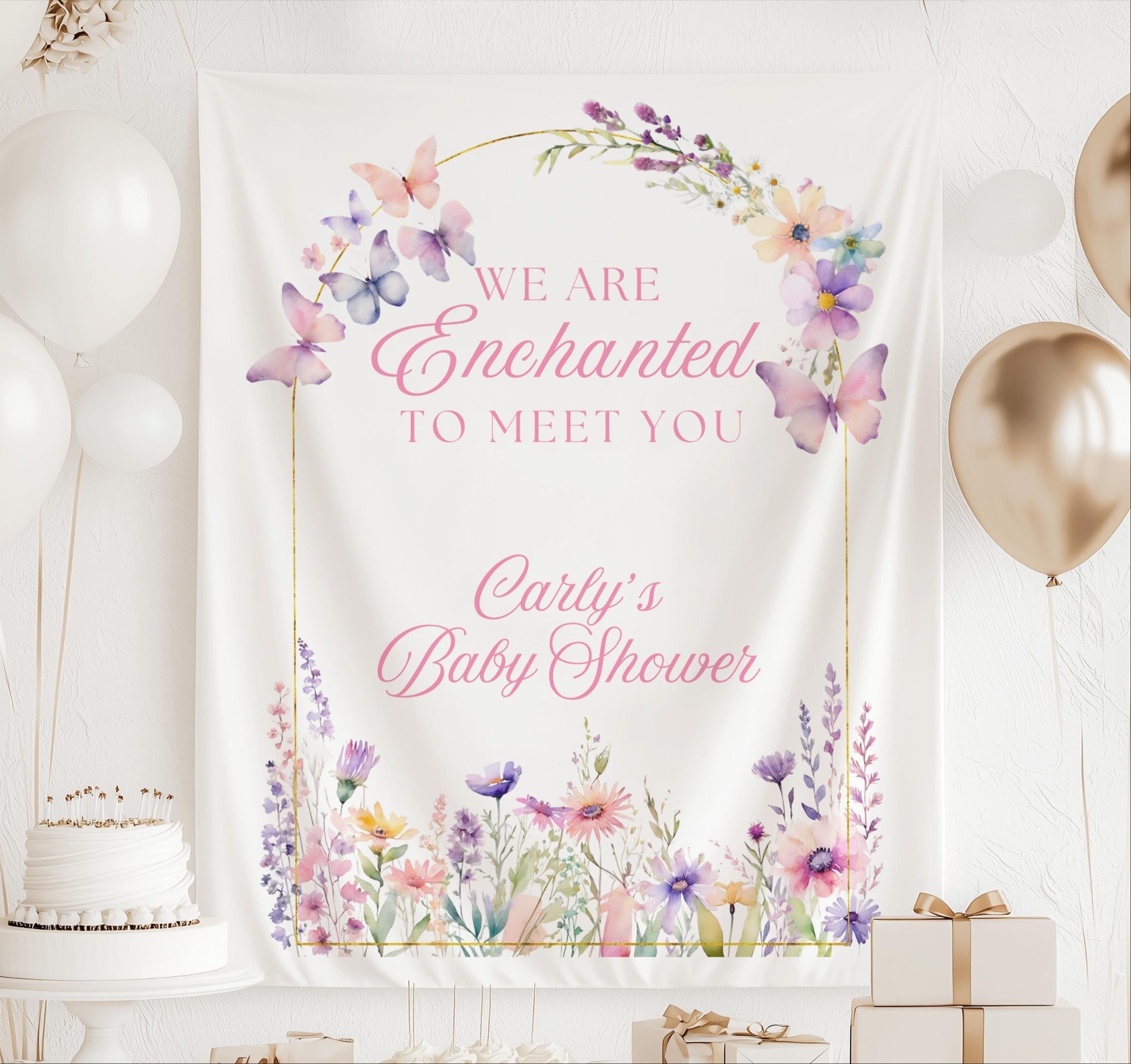 Personalized Enchanted to Meet You baby shower banner with watercolor butterflies and floral arch