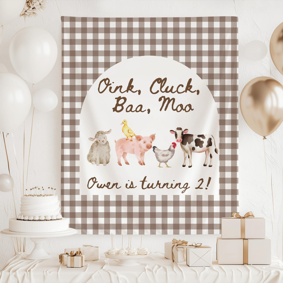 Farm birthday party backdrop for  2nd birthday celebrations with barnyard animal design