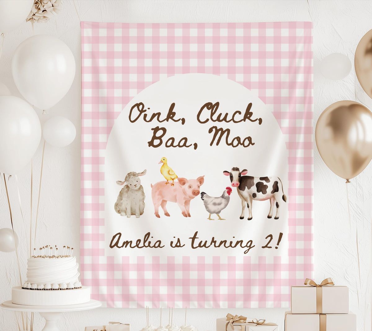 Personalized farm birthday banner with watercolor barnyard animals and custom name available in multiple colors