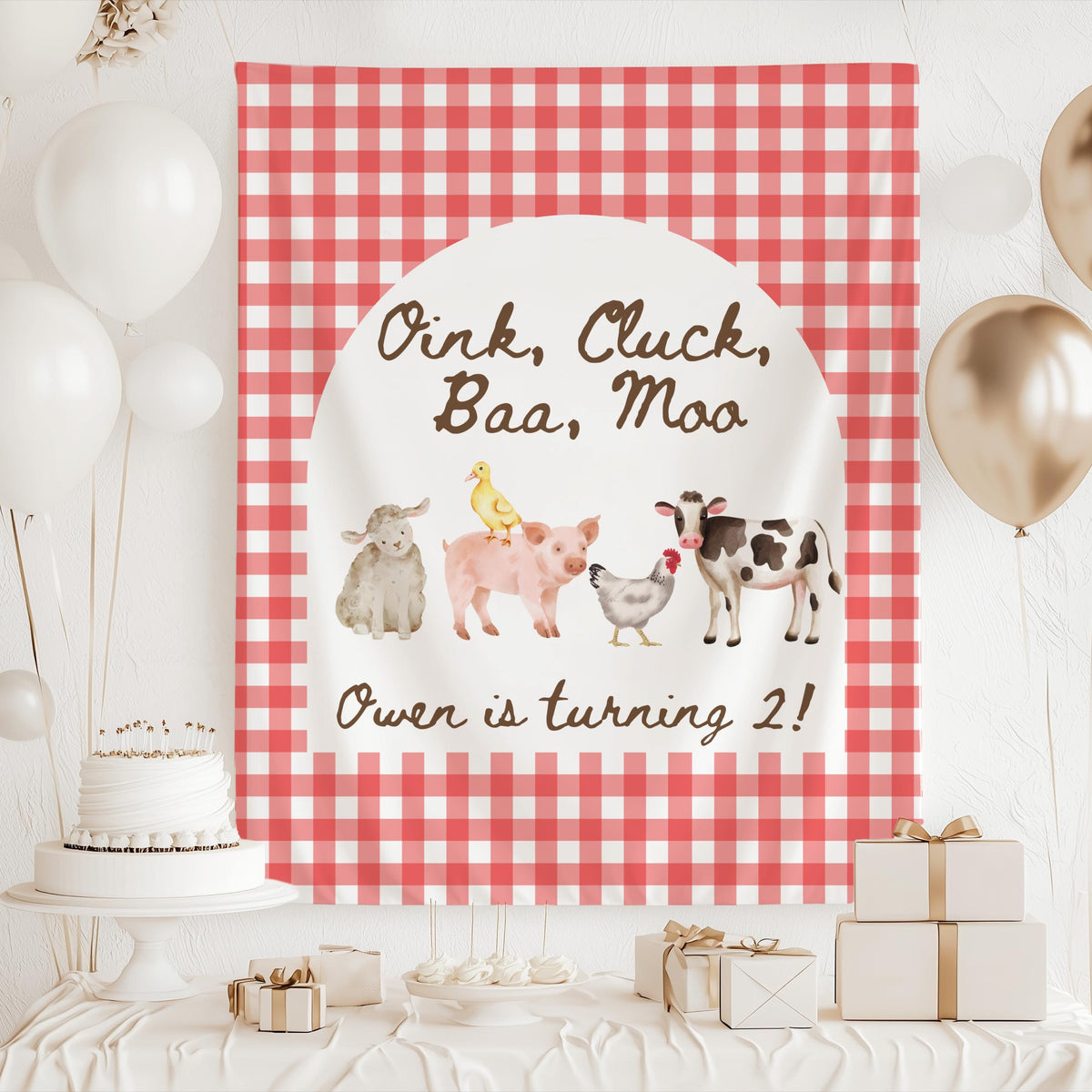 Custom farm animals birthday backdrop featuring pig cow duck chicken lamb and personalized party details