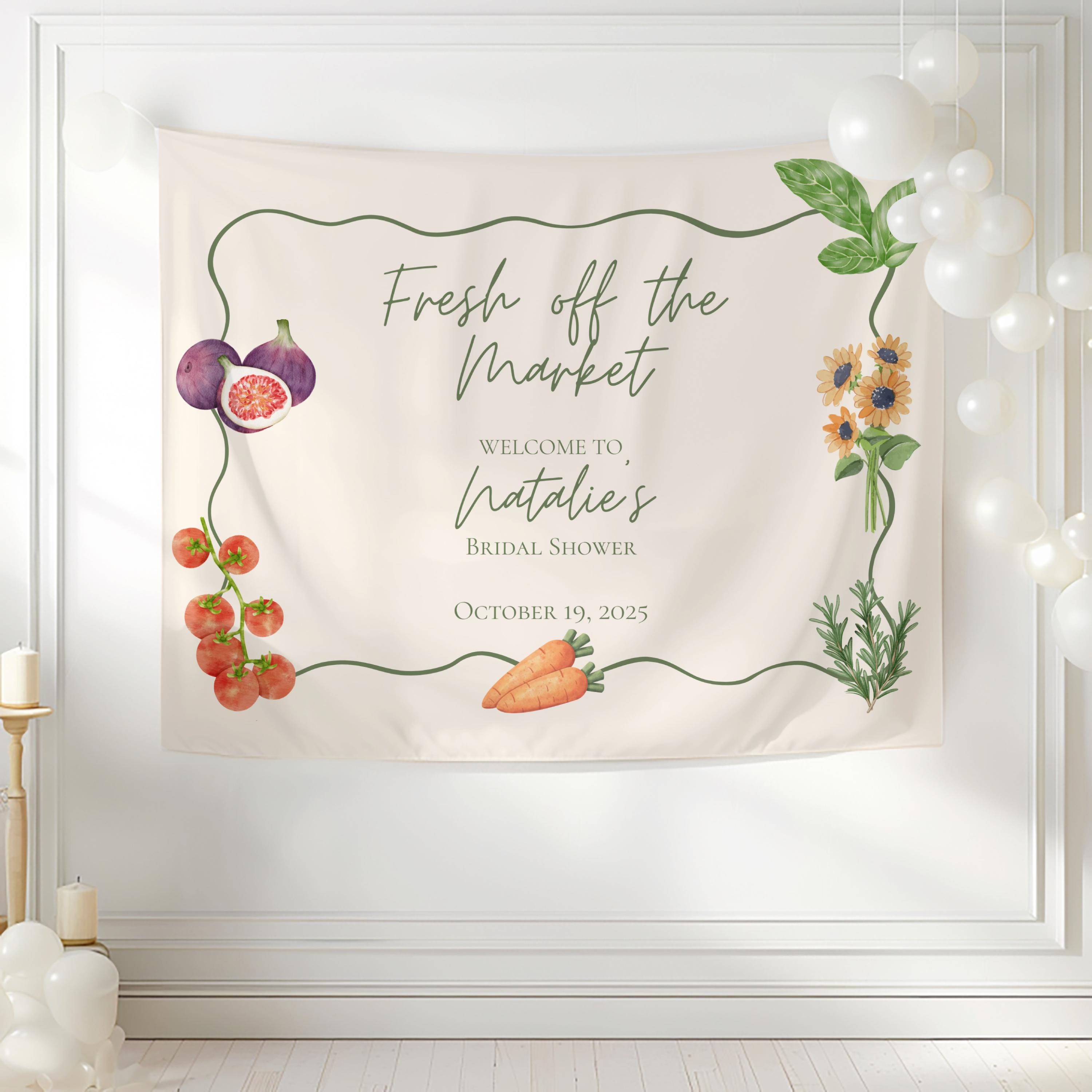 fresh off the market bridal shower backdrop featuring fruit and vegetables 