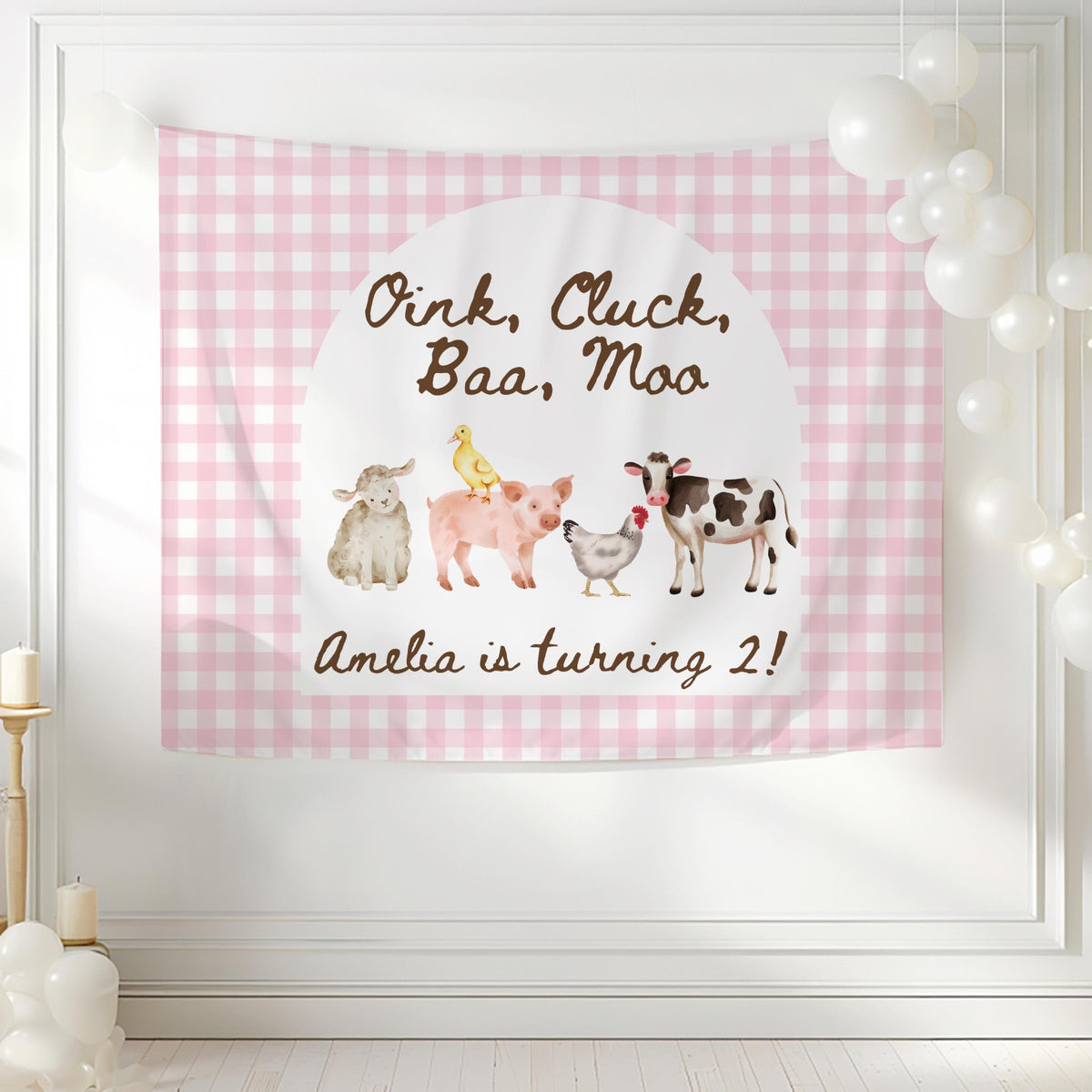 Personalized barnyard birthday banner for boys or girls featuring adorable watercolor farm animals