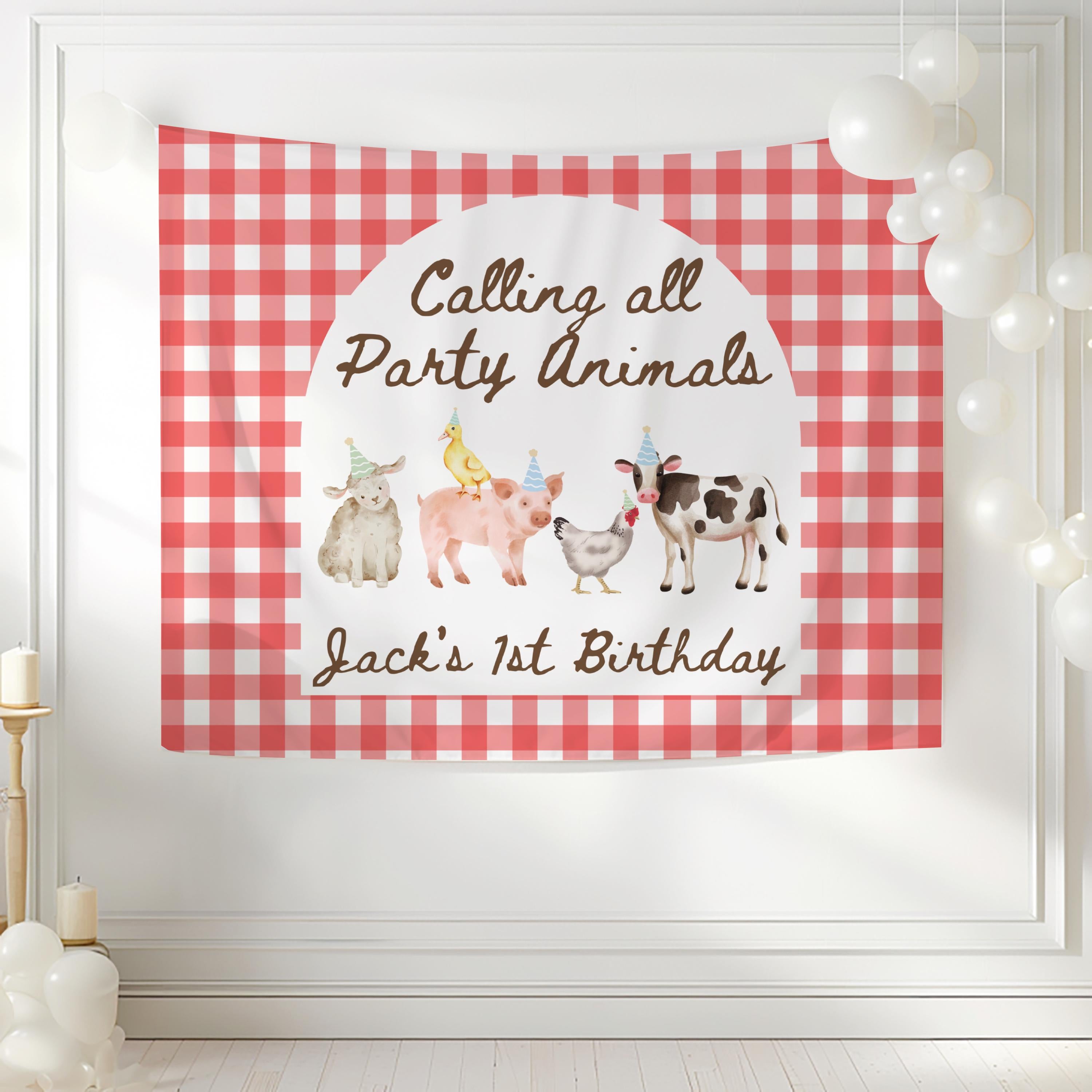 farm animal birthday backdrop for any age in gingham