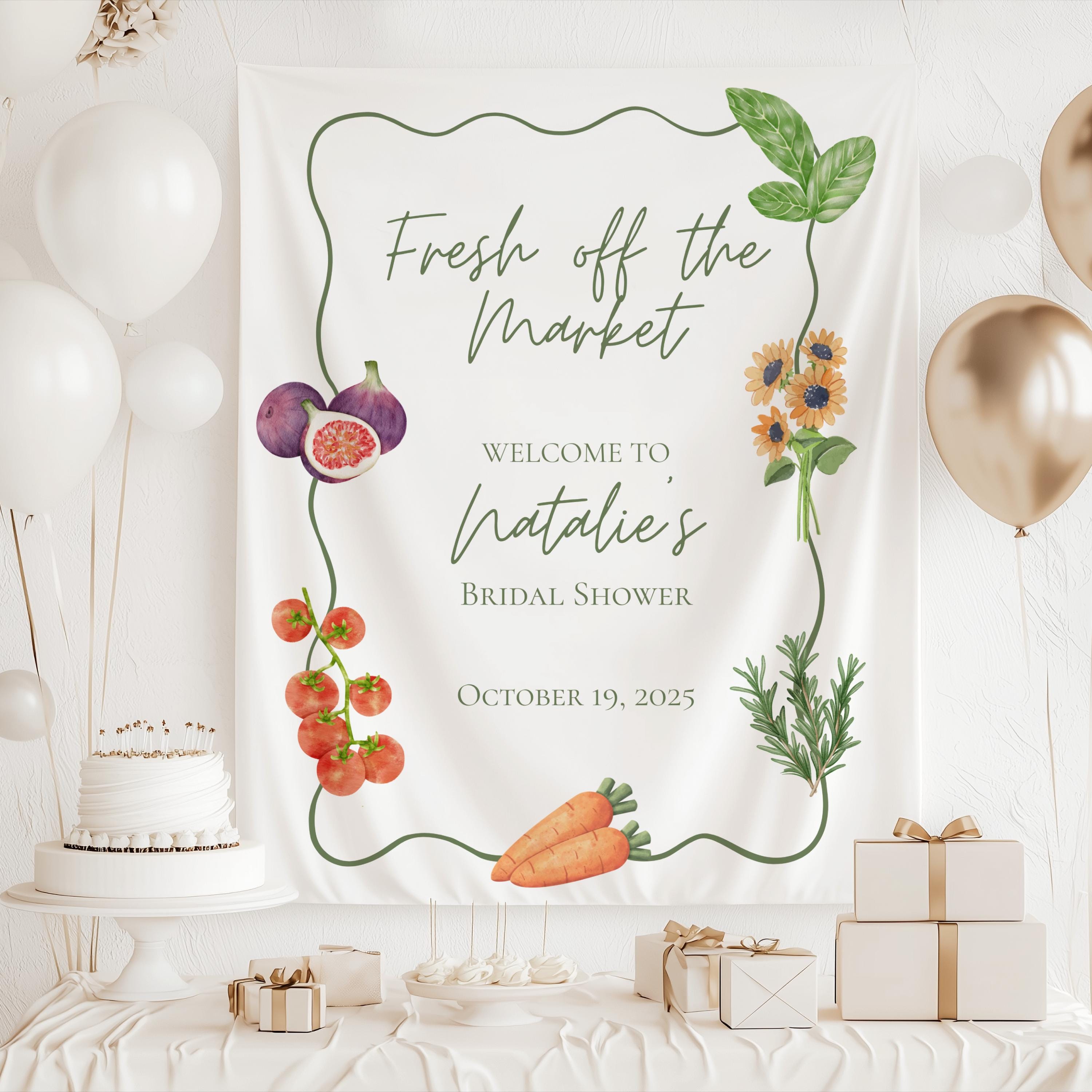 Farmers market bridal shower backdrop featuring fresh vegetables herbs and personalized bridal shower wording