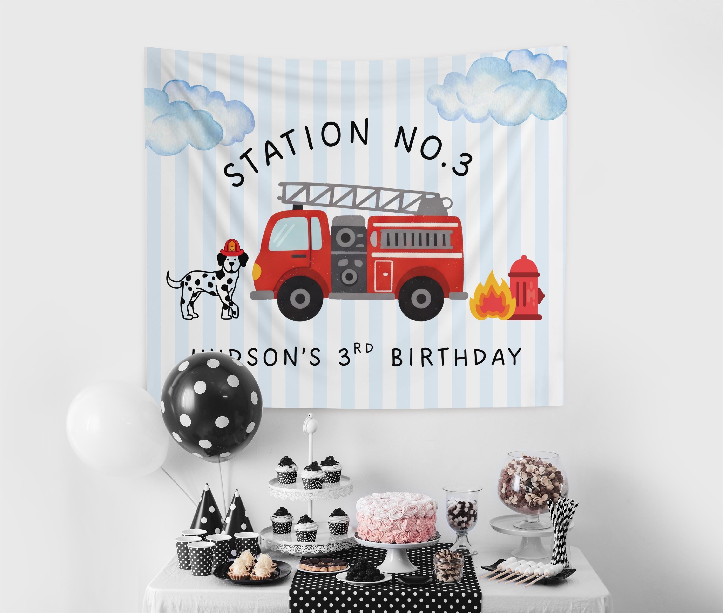 Firefighter birthday banner featuring a fire truck Dalmatian and station inspired birthday design