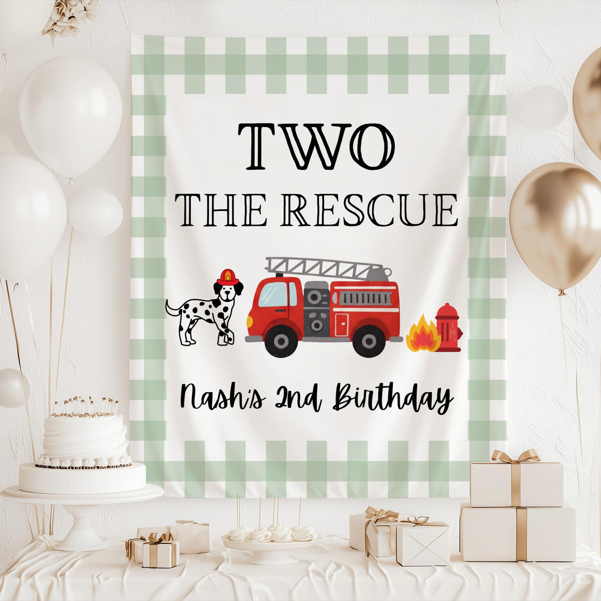 Fire truck second birthday party banner for kids available in multiple colors and sizes