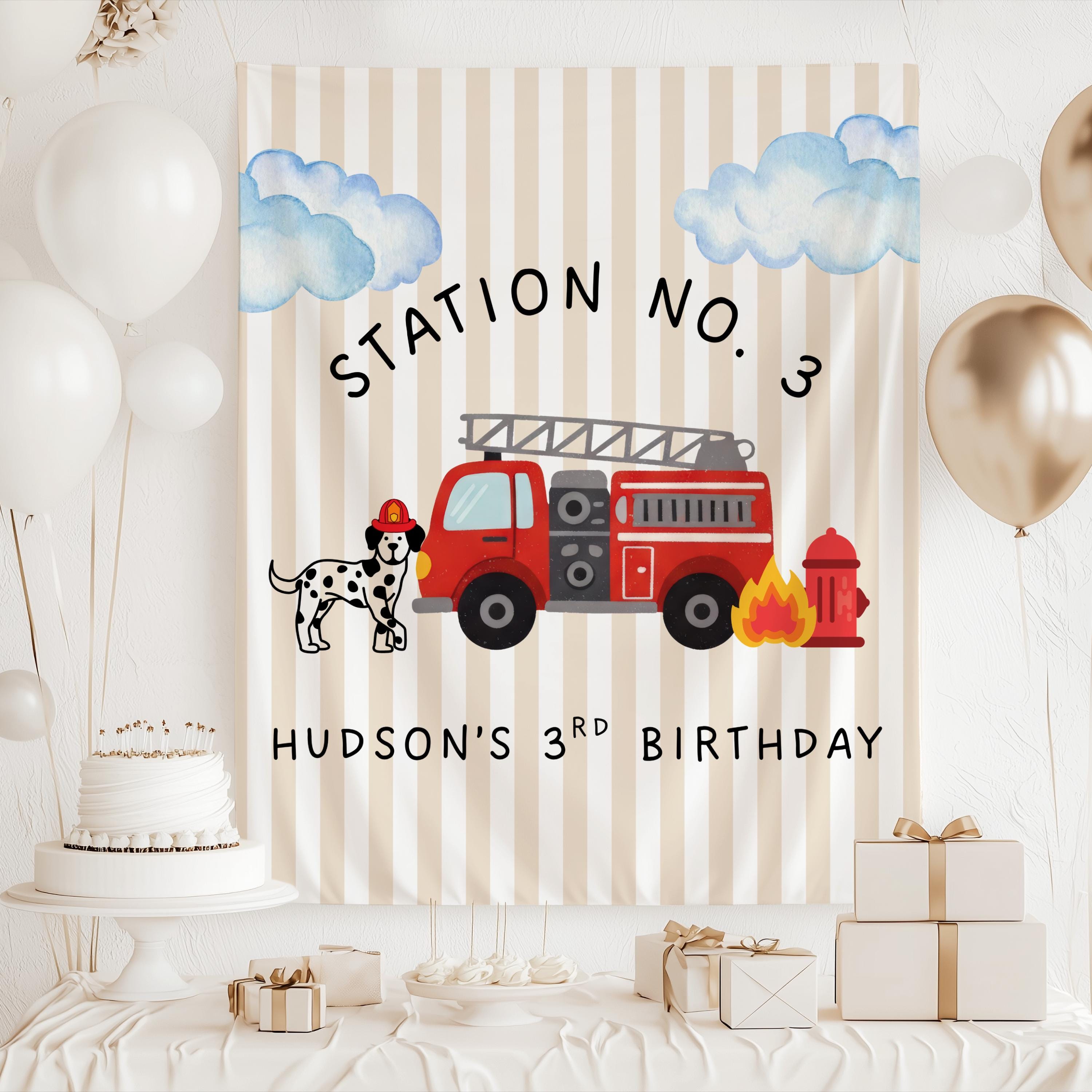 Custom firefighter birthday backdrop for cake table decorations and birthday party photos