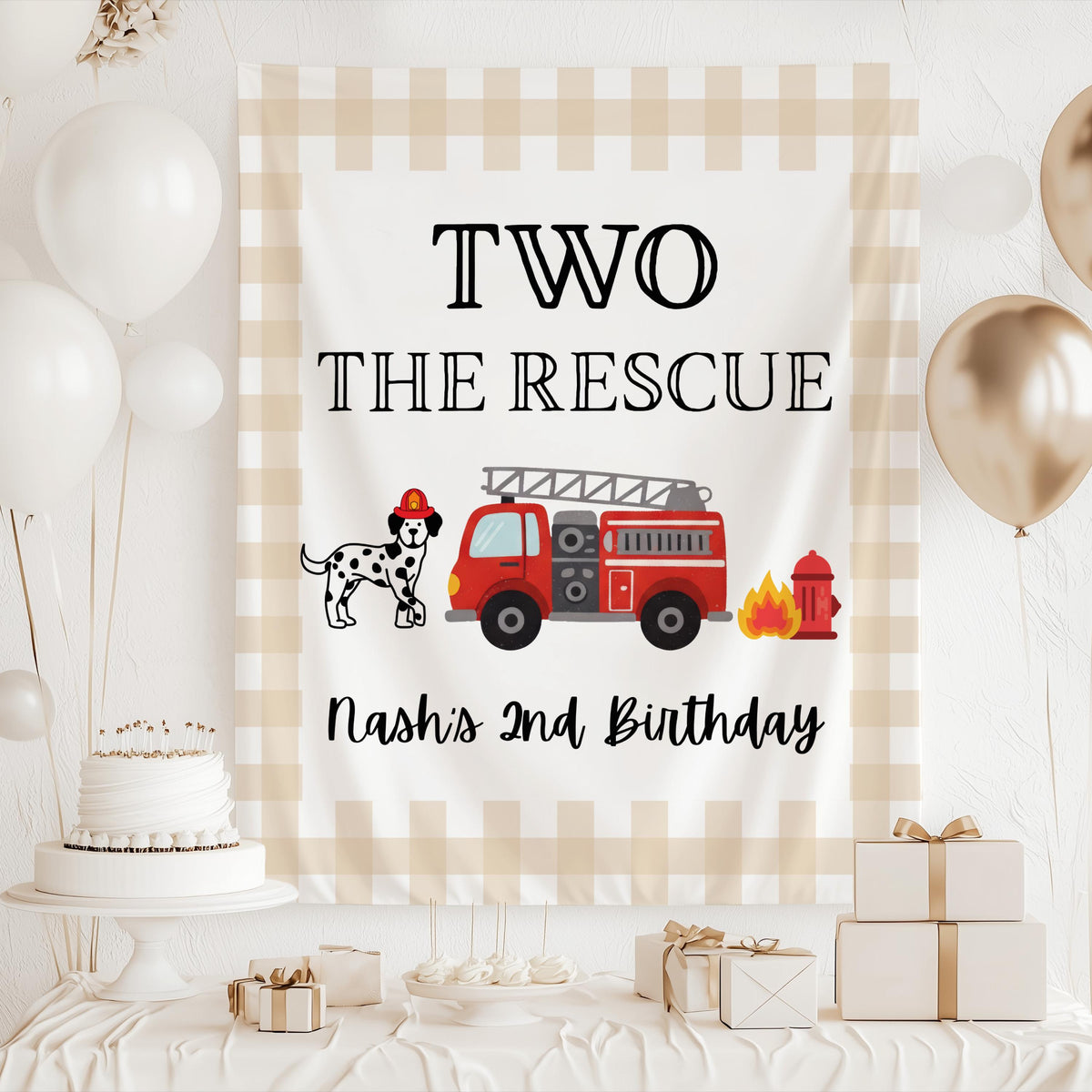 Custom firefighter birthday backdrop featuring fire truck dalmatian fire hydrant and rescue theme