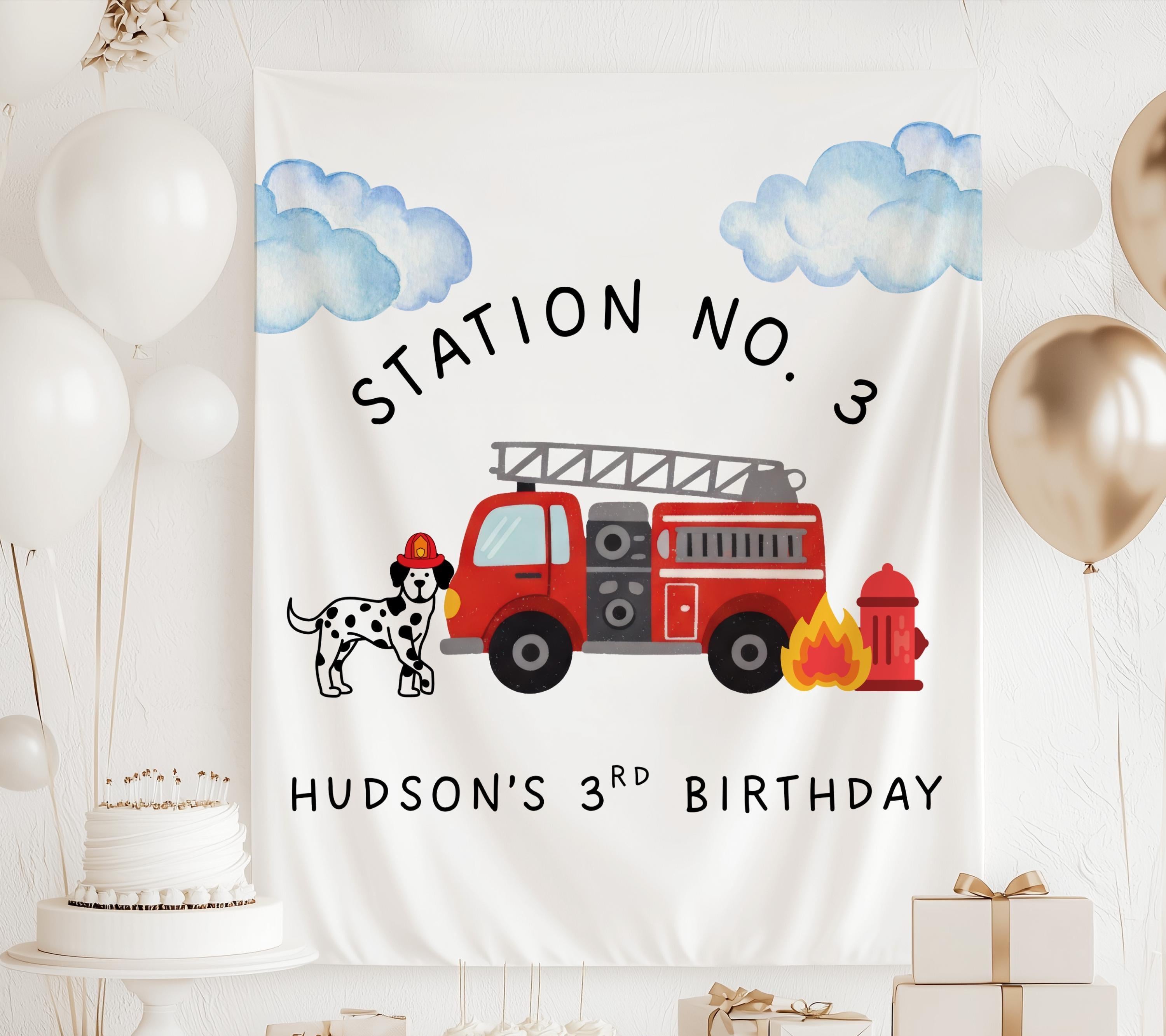 Custom firefighter birthday backdrop featuring a fire truck Dalmatian fire hydrant and personalized party details