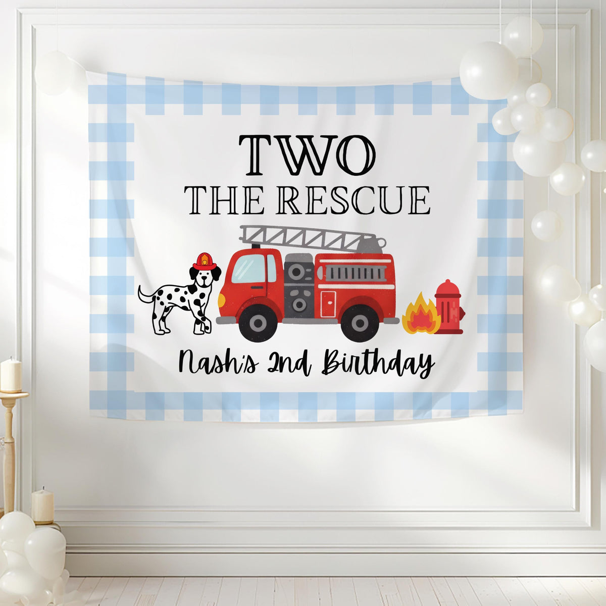 Personalized firefighter birthday backdrop for cake table decorations and birthday party photos