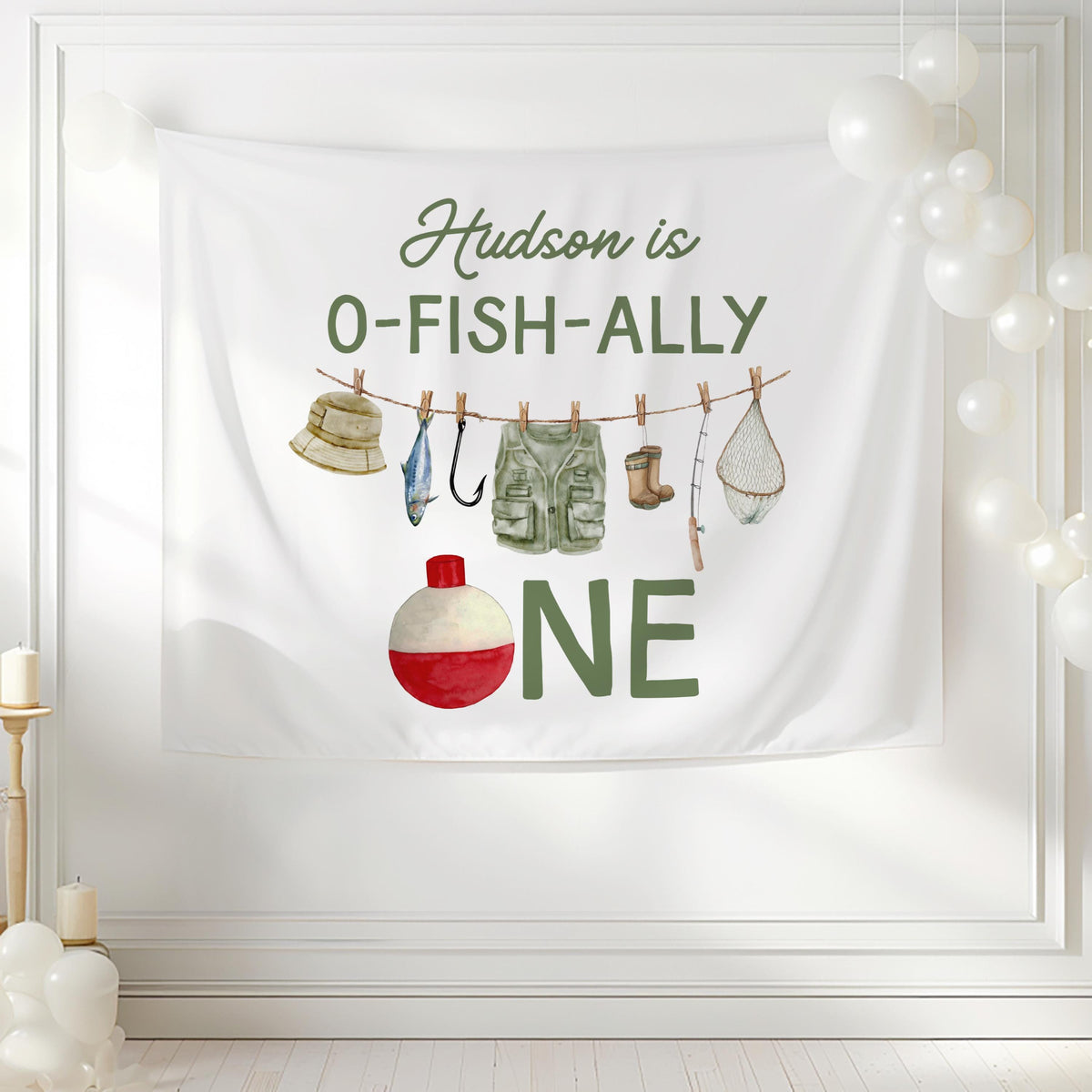 Fishing first birthday banner featuring watercolor fishing gear and outdoor inspired design