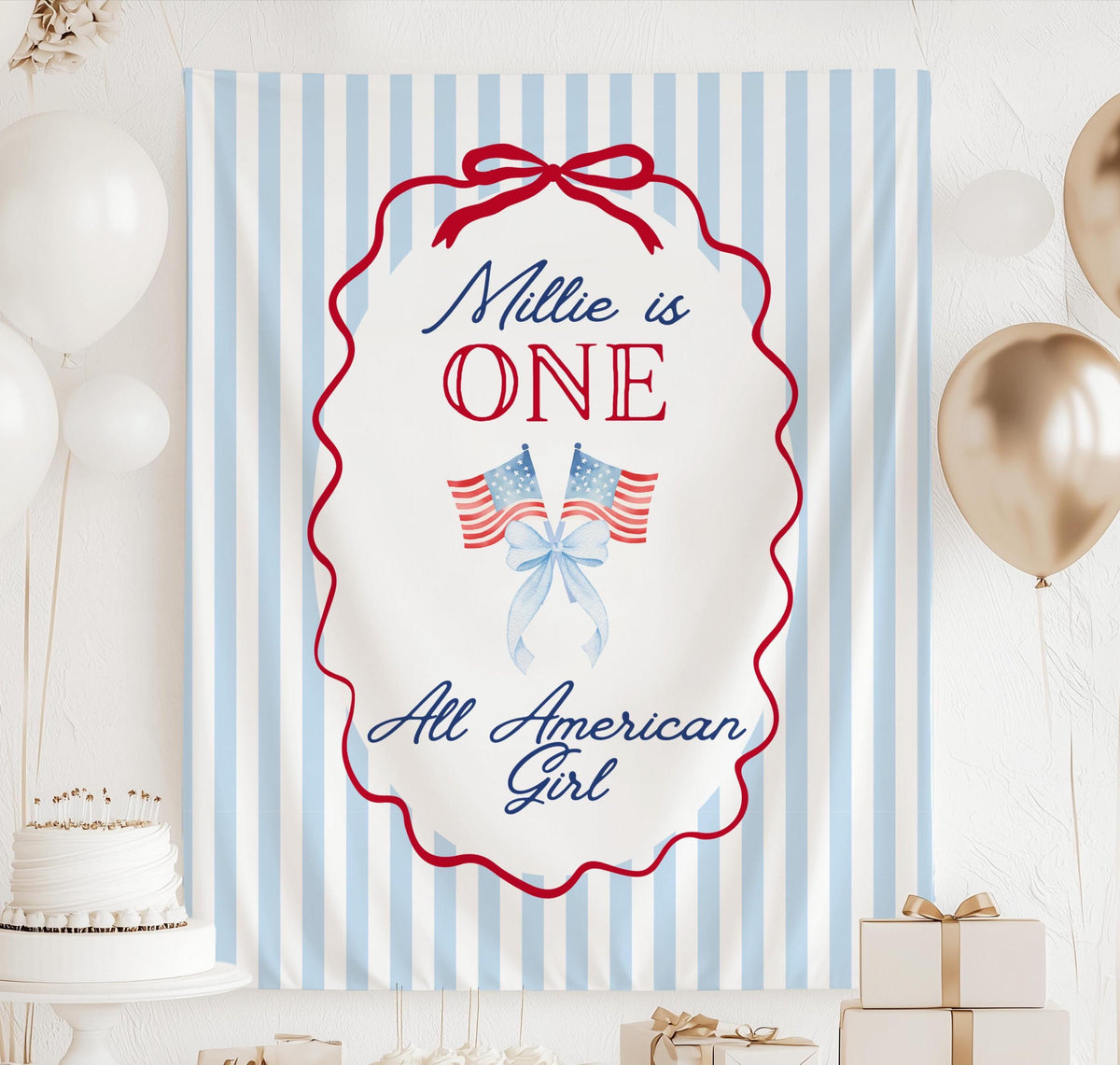 Custom All American girl birthday backdrop featuring patriotic bow and American flags