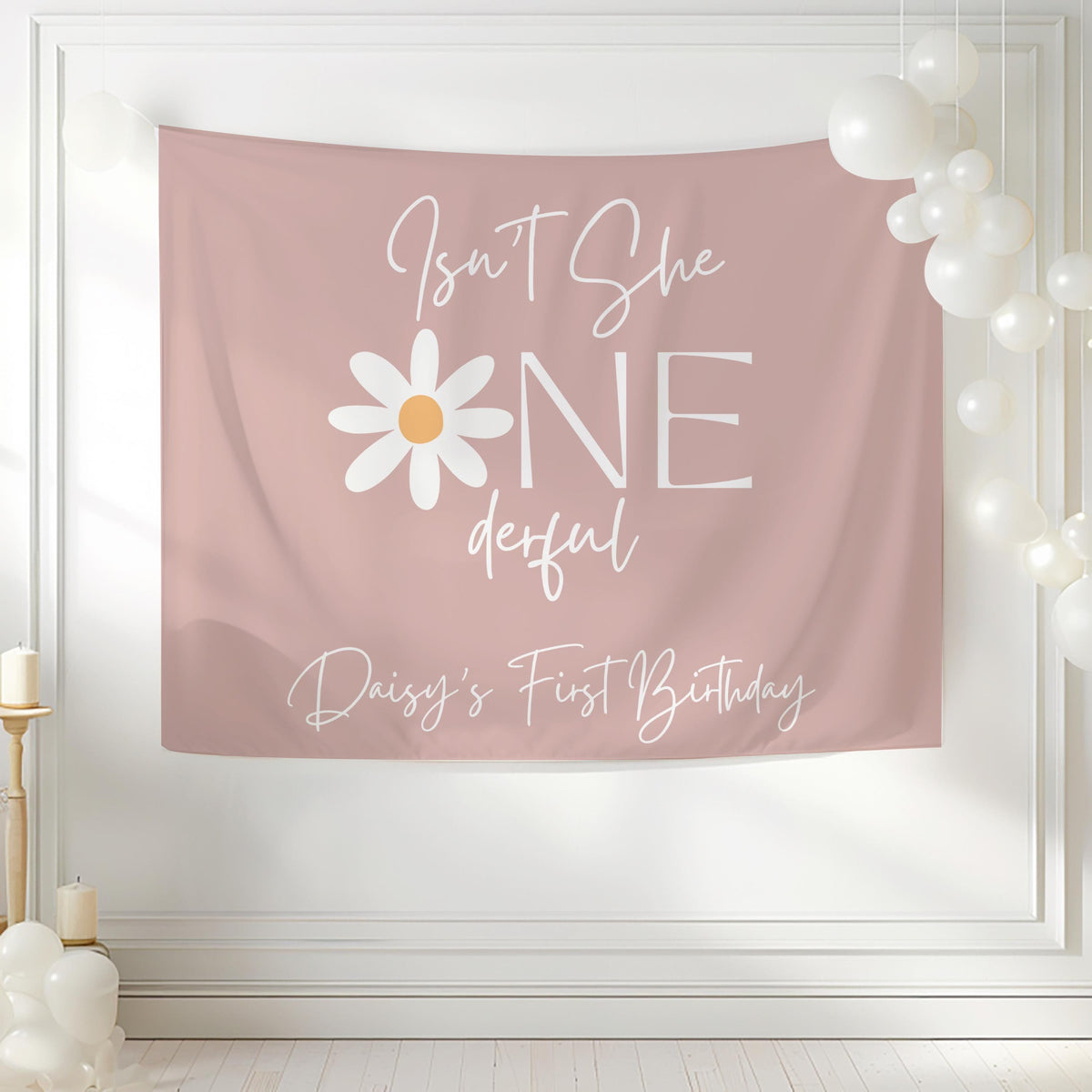 Personalized daisy first birthday banner featuring a playful ONEderful theme available in multiple colors