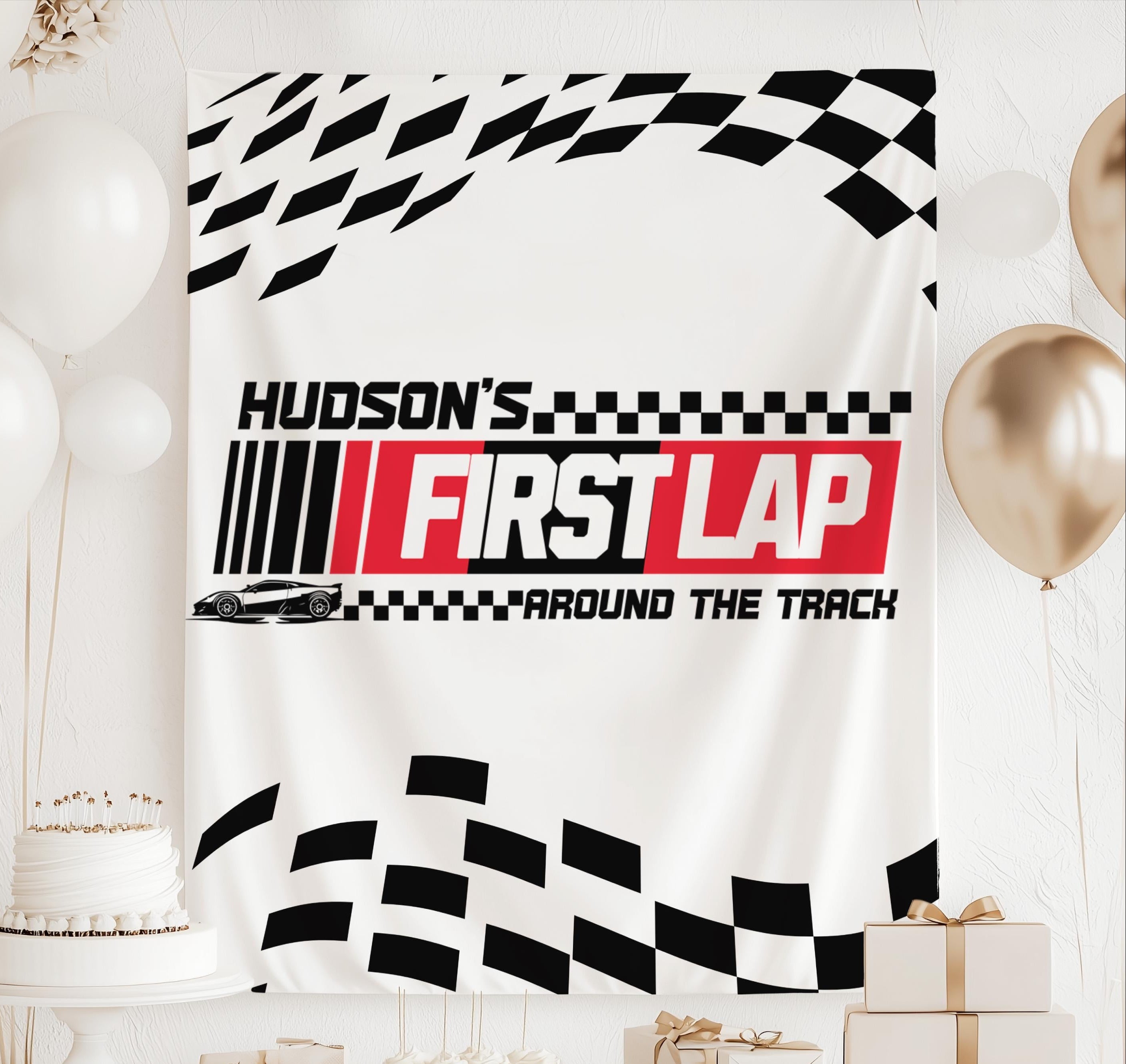 Personalized First Lap Around the Track first birthday banner featuring race car graphics and checkered flags