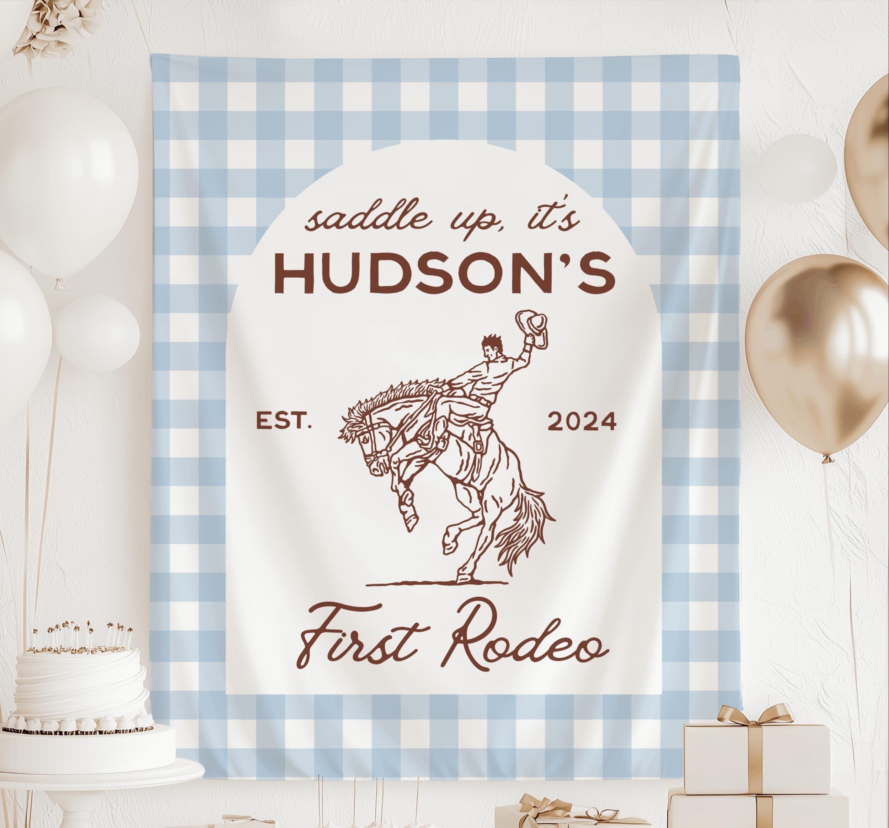 Personalized First Rodeo birthday banner with cowboy riding horse 