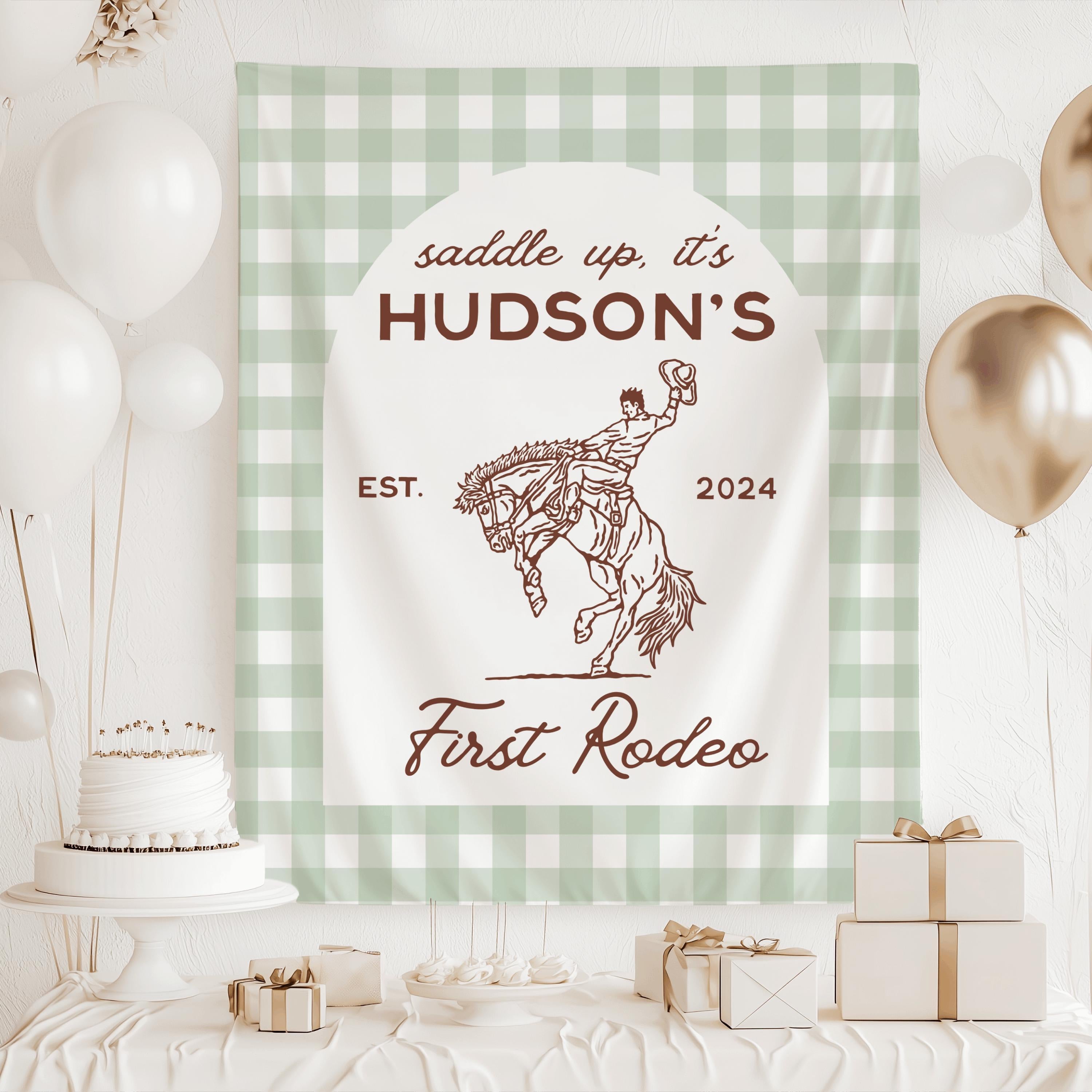 Western first birthday banner featuring rodeo cowboy on horseback and name