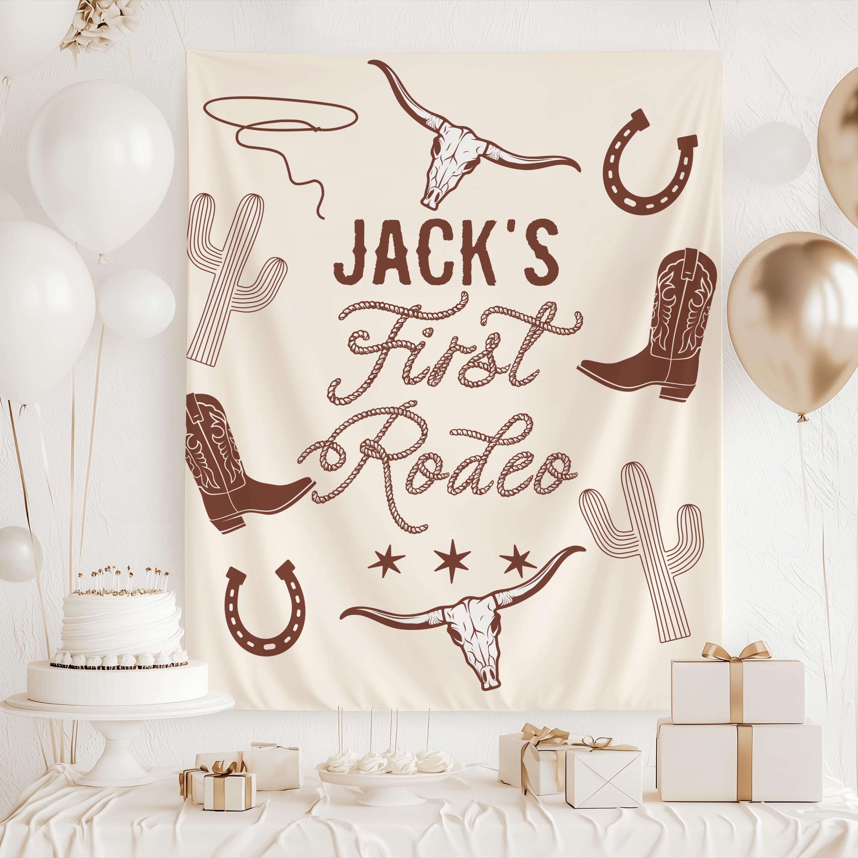 Custom First Rodeo party banner for a cowboy themed first birthday celebration
