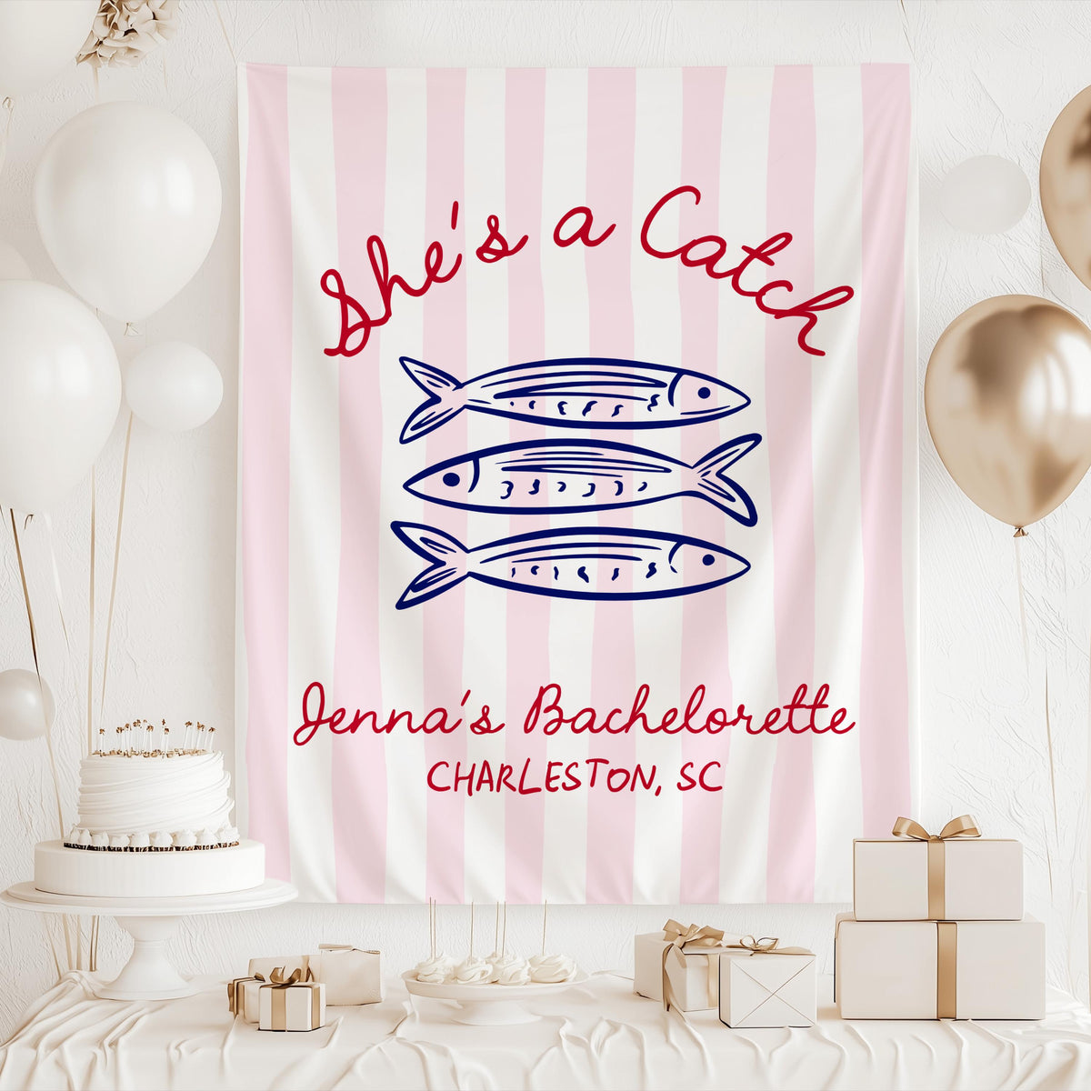 Personalized coastal bachelorette backdrop with blue stripes and nautical fish artwork