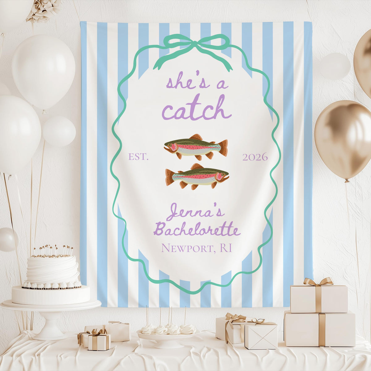 personalized fish themed bachelorette banner with bride's name 