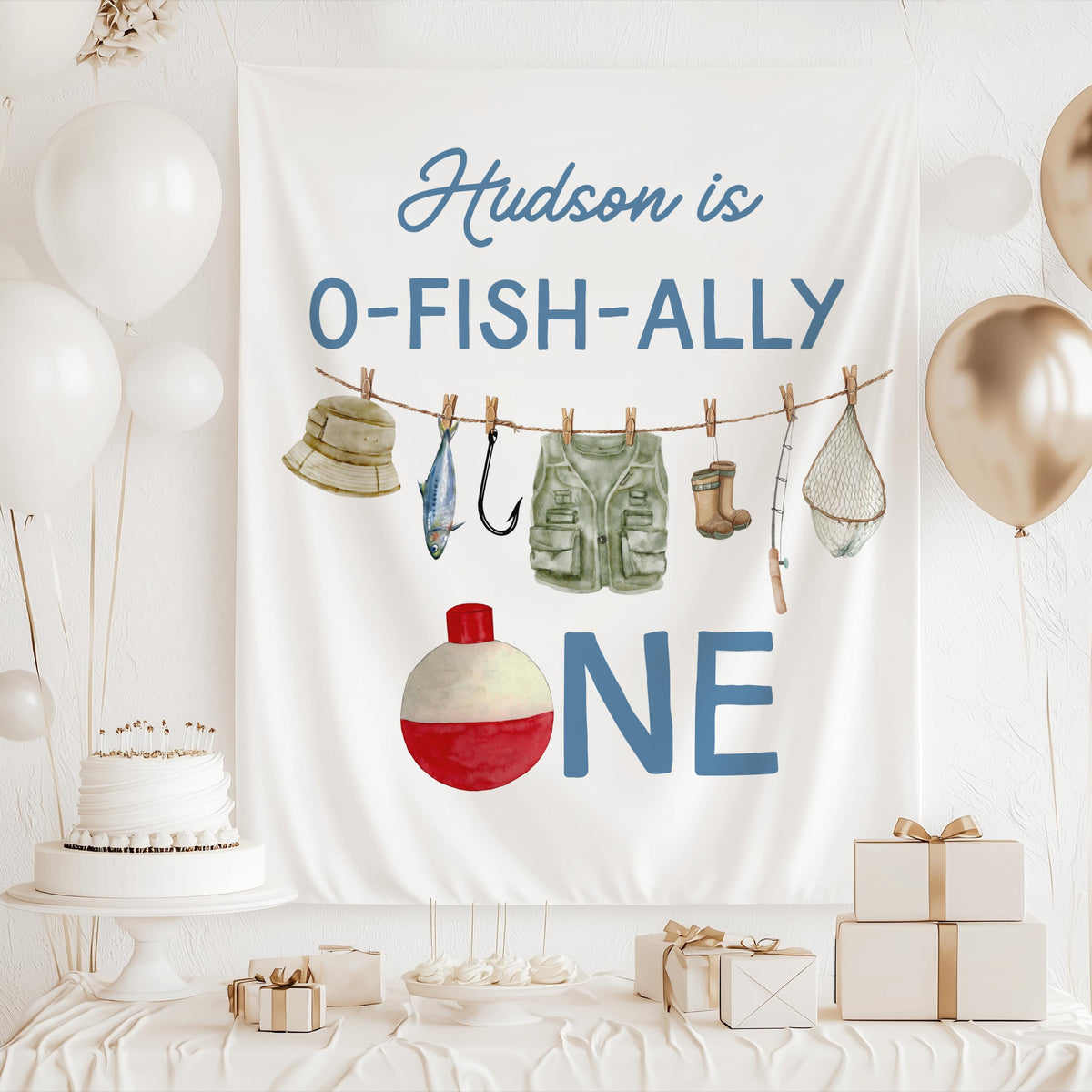 Personalized fishing birthday party banner for first birthday celebrations available in multiple colors