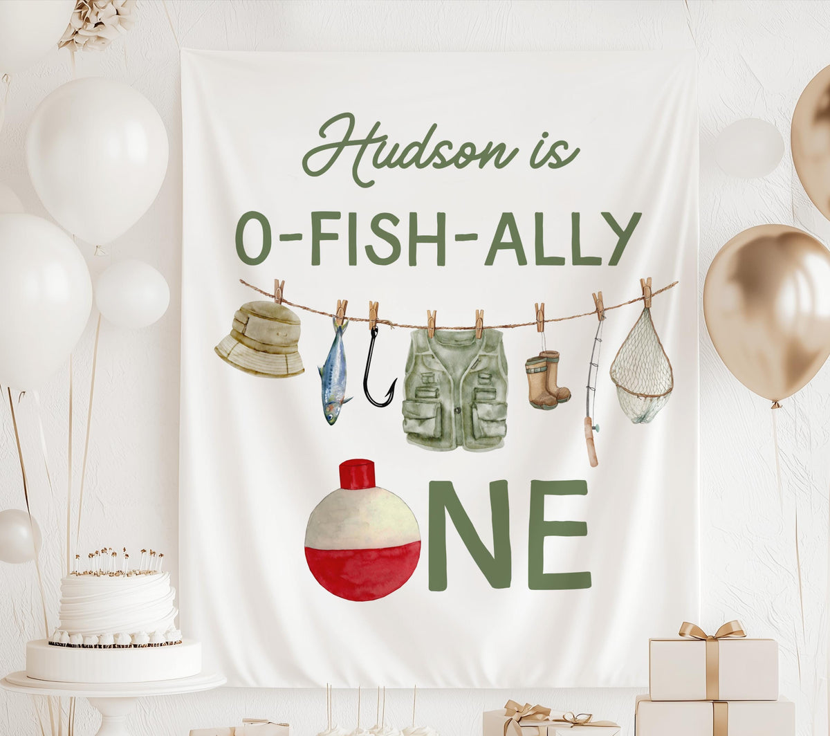 Personalized fishing first birthday banner with custom name and O Fish Ally One theme