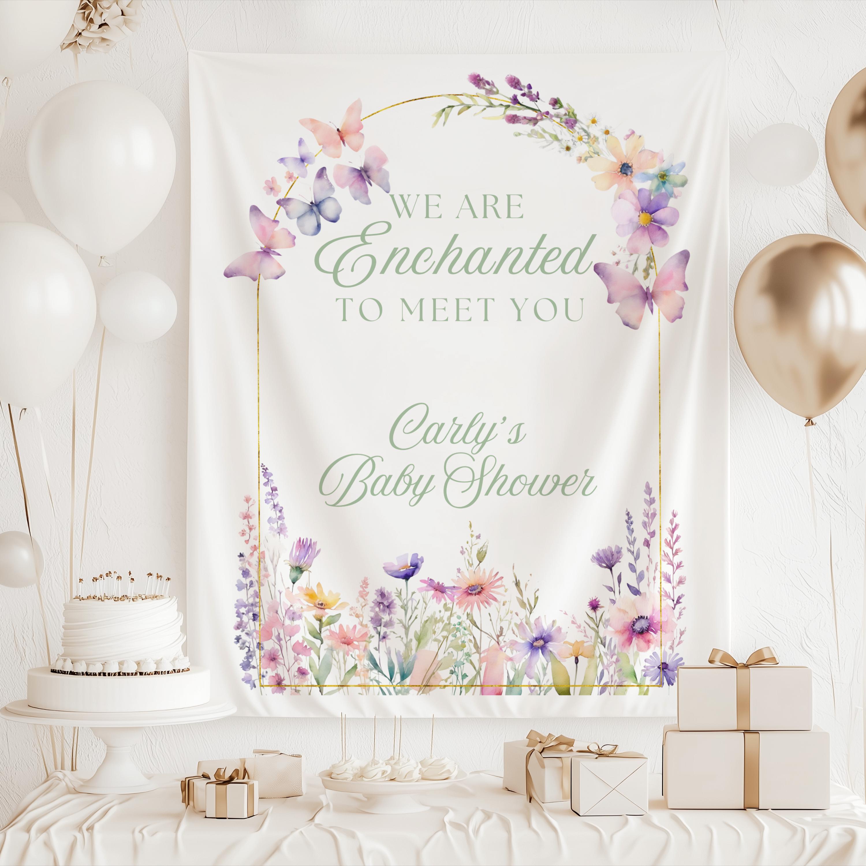 Personalized floral baby shower backdrop with watercolor wildflowers and butterfly illustrations